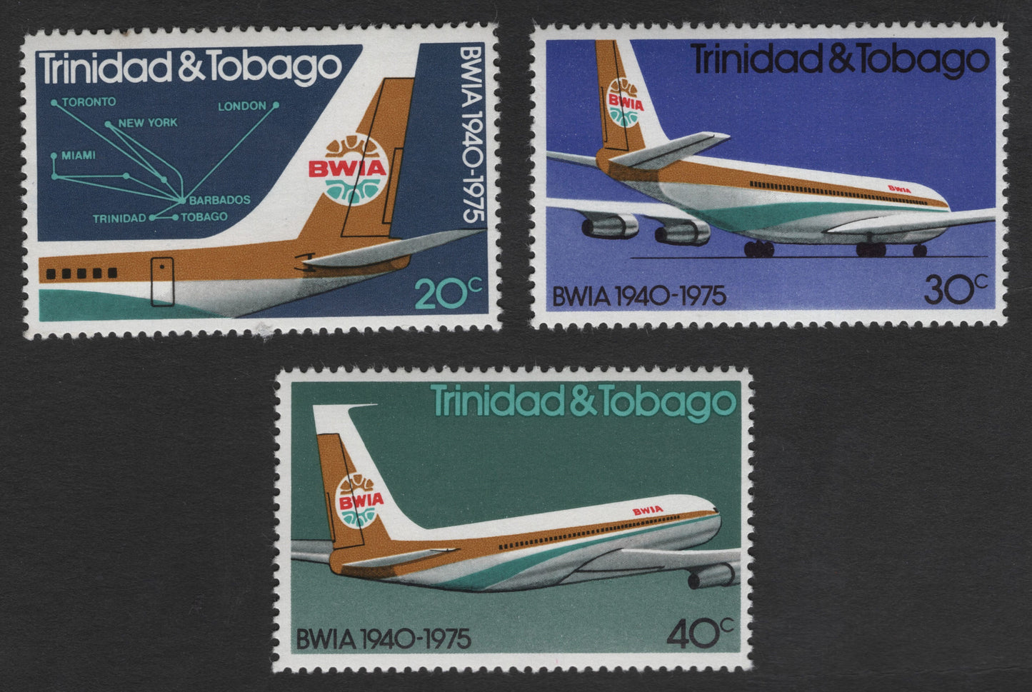 SCG11975 - Trinidad & Tobago 1975 BWIA 35th Anniversary Aviation Stamp Set