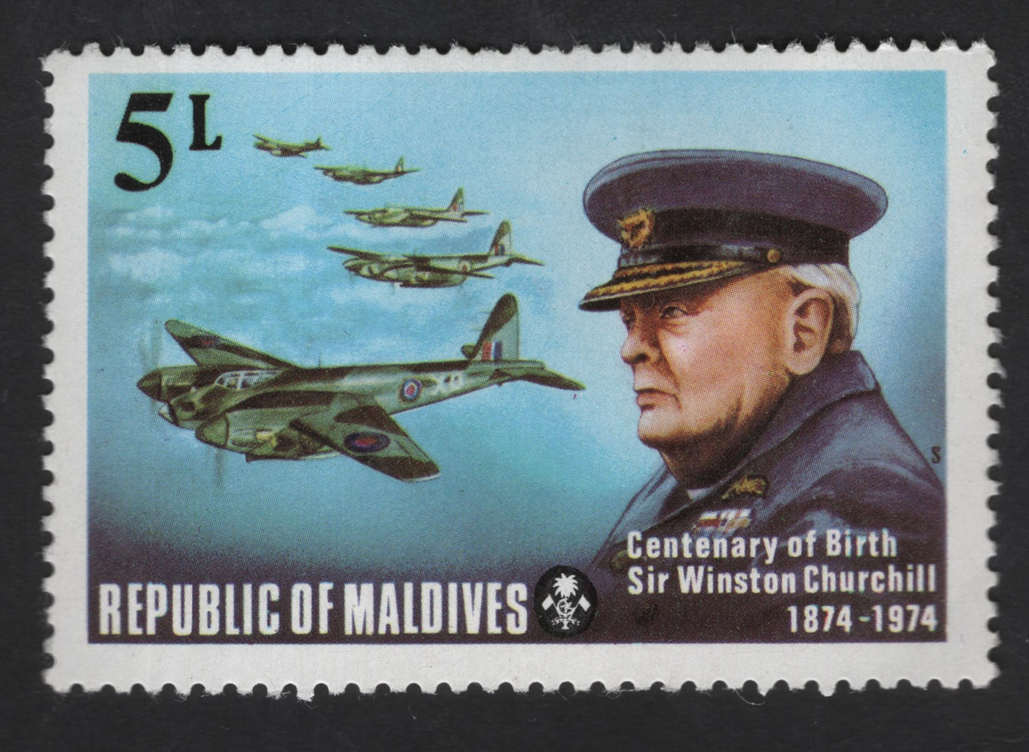 SCG13766 - Maldives 5L Sir Winston Churchill Centenary with WWII Aircraft (1974)