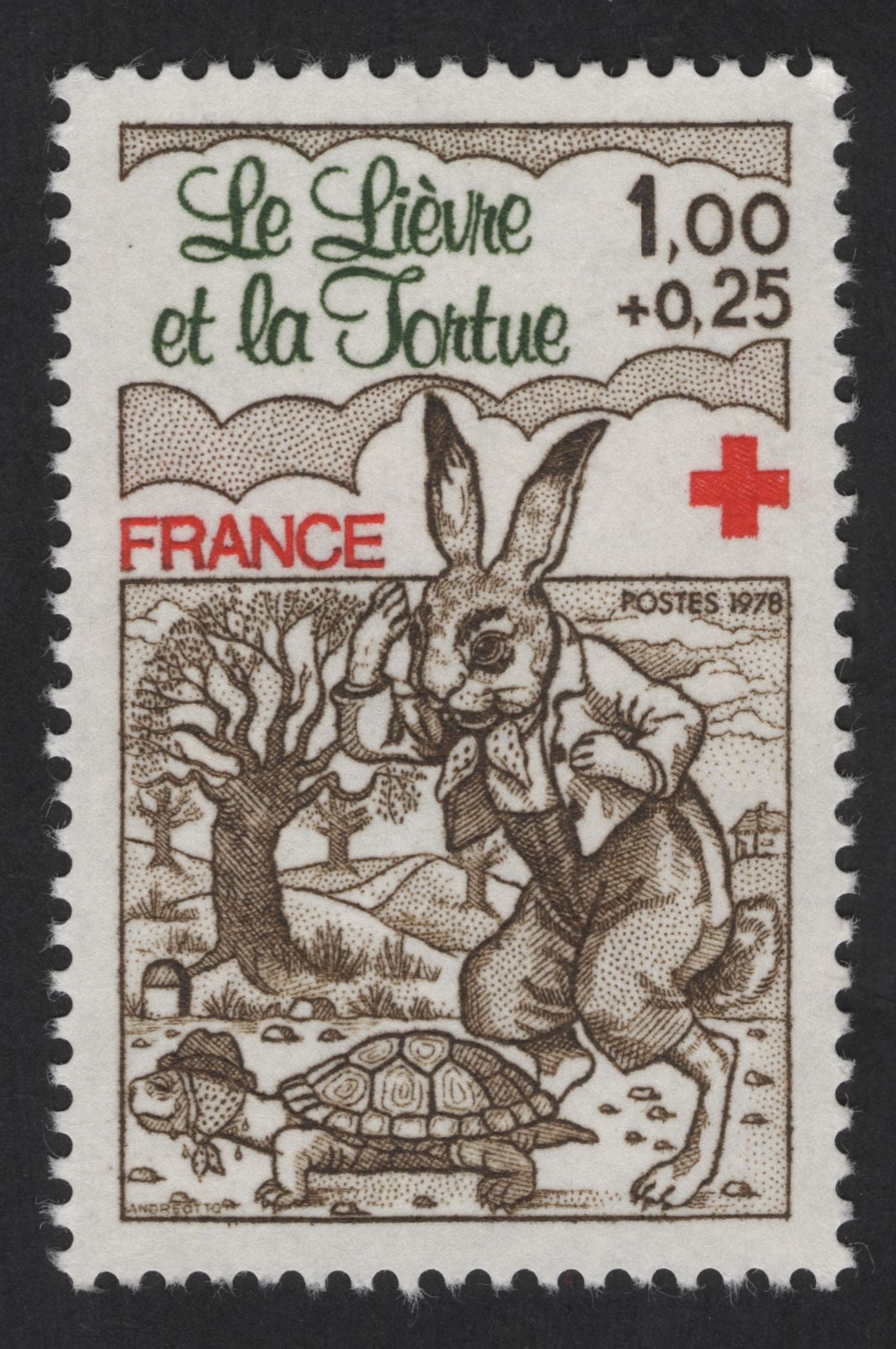 SCG13799 - France 1978 – “Le Lièvre et la Tortue” (The Hare and the Tortoise) Red Cross Semi-Postal Stamp