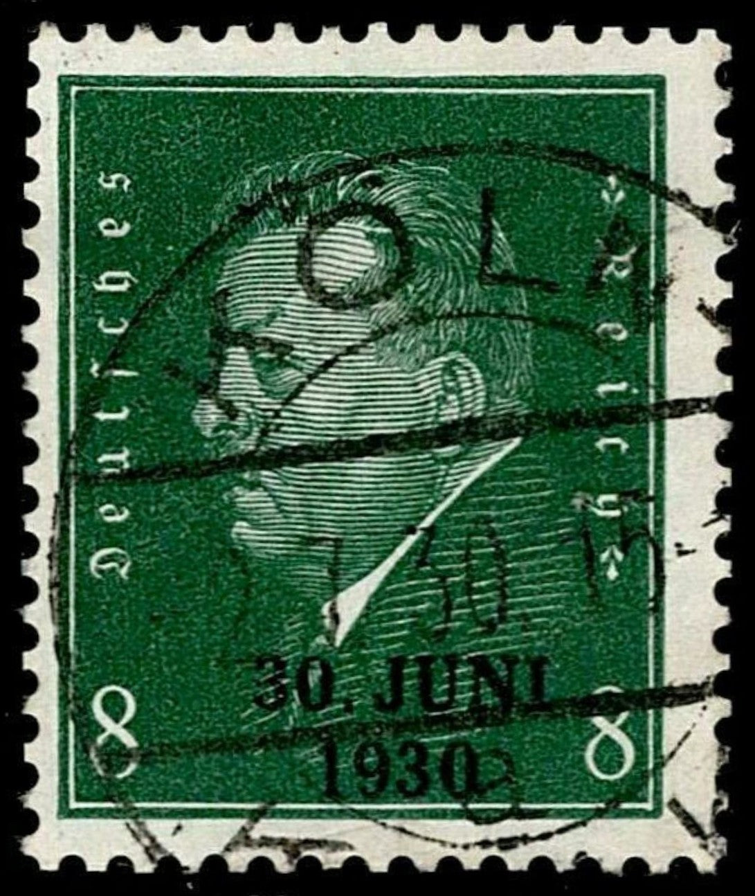 SCG1589 - Germany 1933 – Hindenburg 8 Pf Green with June 30, 1930 Cancel (Used)