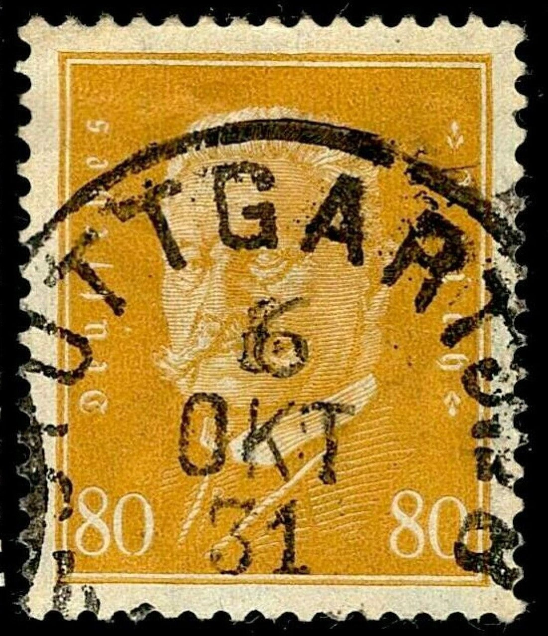 SCG1591 - Germany 1931 Hindenburg 80 Pf Yellow-Orange – Stuttgart Cancel (Used)