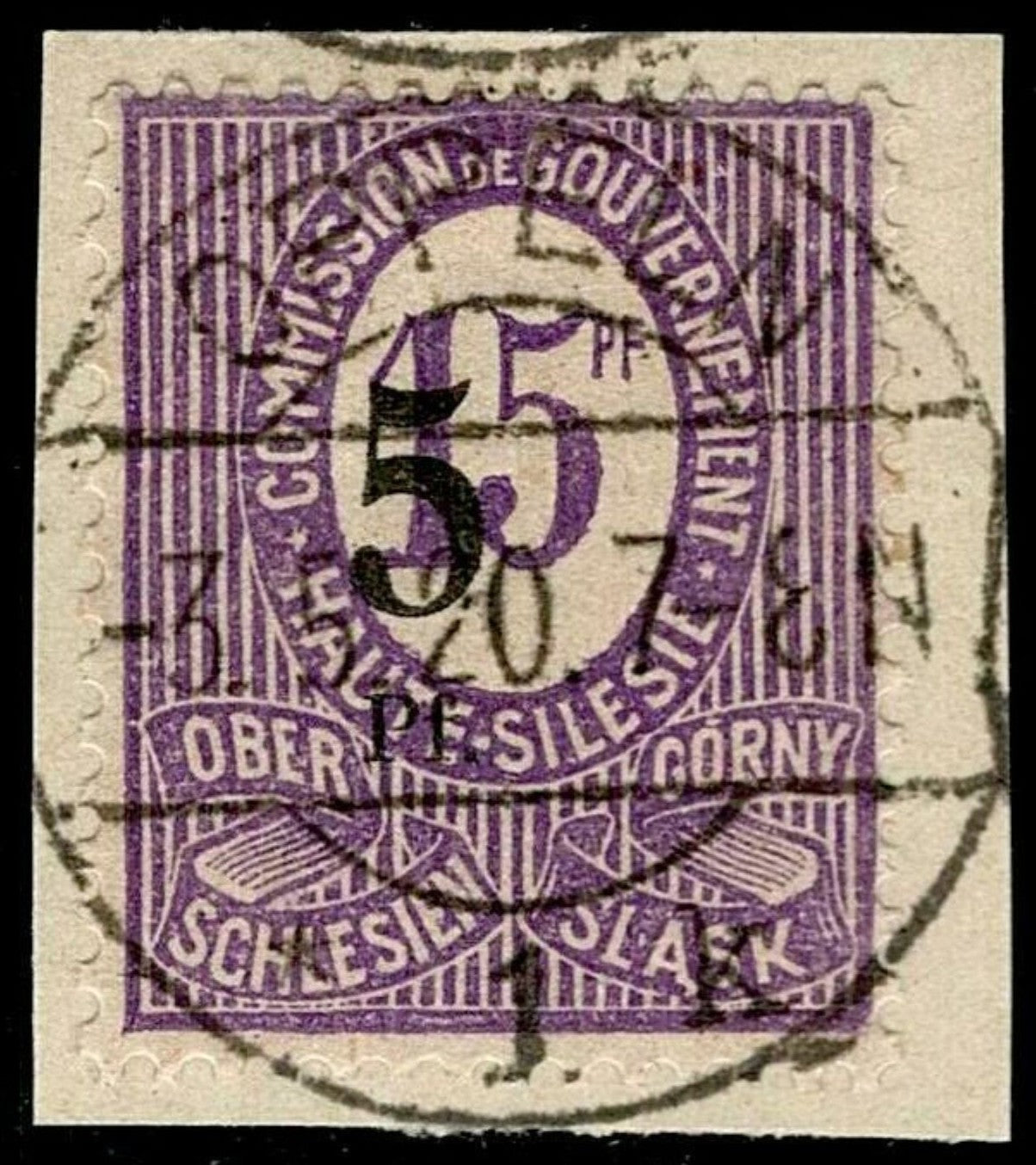 SCG1603 - 1920 Upper Silesia – Black Surcharge on Violet Commission Issue (Used on Piece)