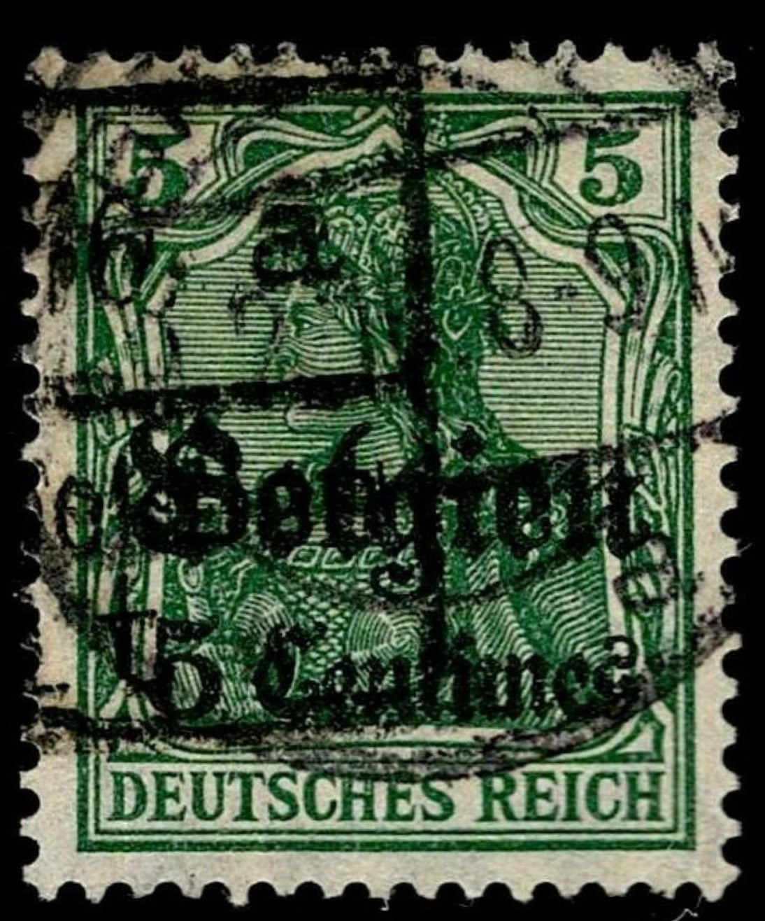 SCG1606 - Germany 1916 "Belgien" Overprint – 15 Centimes on 5 Pf Germania Green (Used)