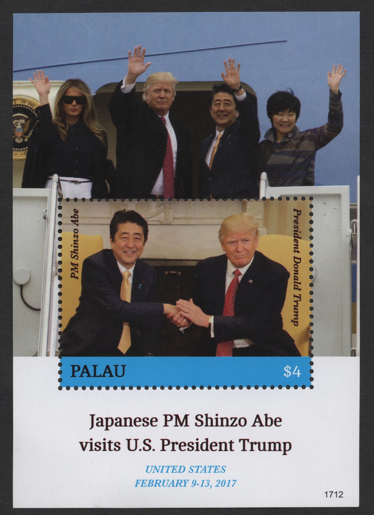 SCG535 - Palau $4 Miniature Sheet – Japanese PM Shinzo Abe Visits U.S. President Trump (2017)