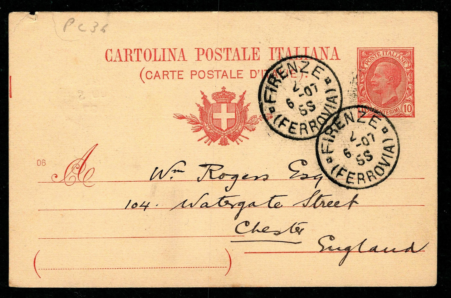 SCG1447 - Italy 1907 King Victor Emmanuel III 10c Postal Card – Firenze to England