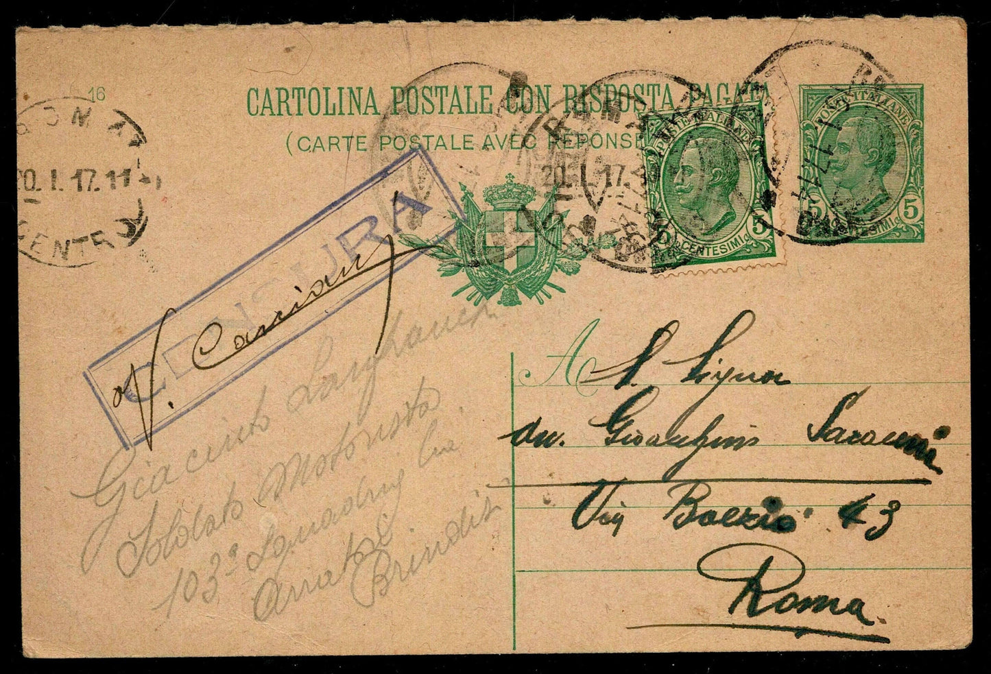 SCG1442 - Italy 15 Centesimi King Umberto I Postal Card with Prepaid Reply (Used, 1917)