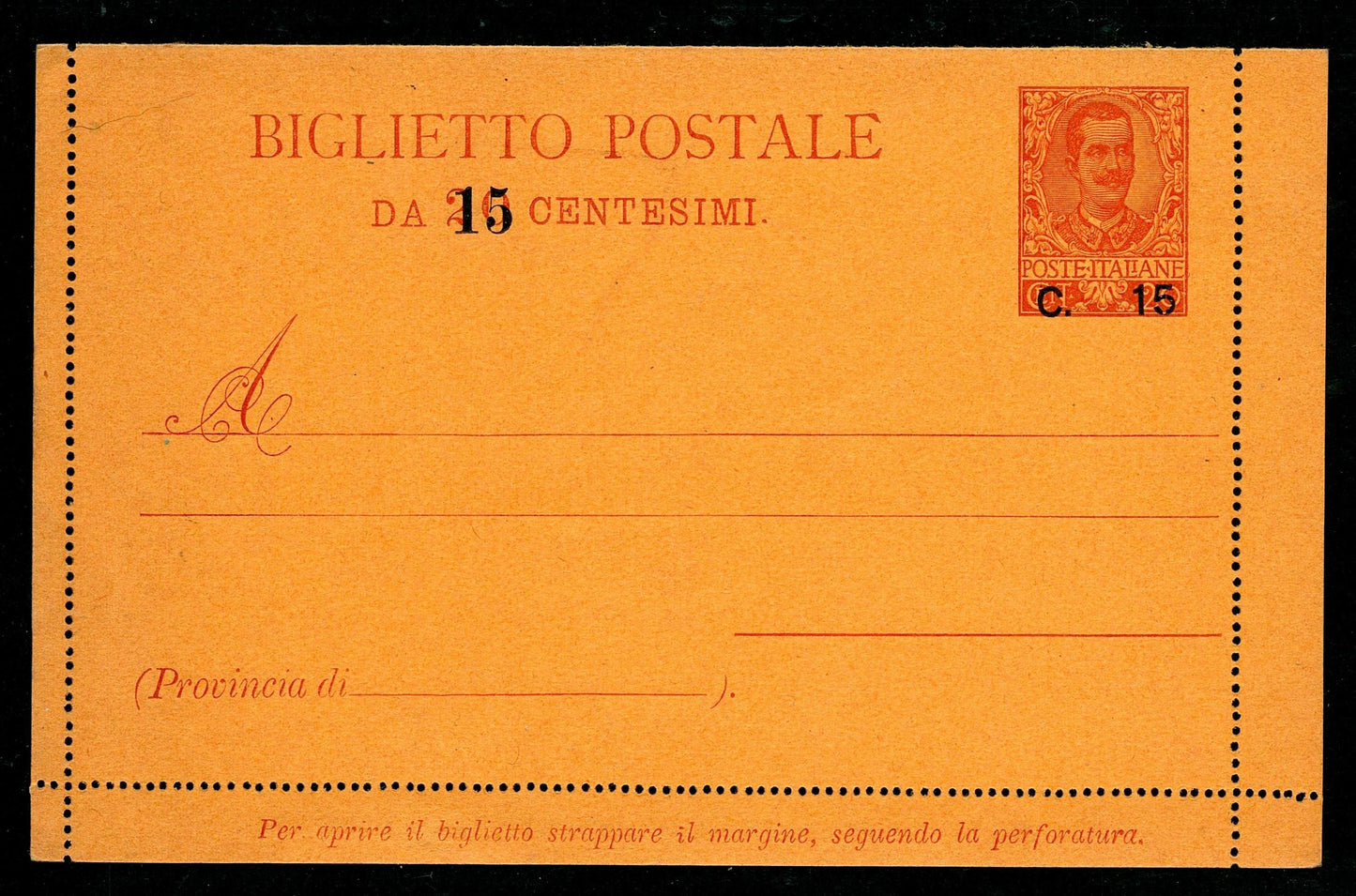 SCG1445 - Italy 15 Centesimi Postal Card – King Victor Emmanuel III Overprint