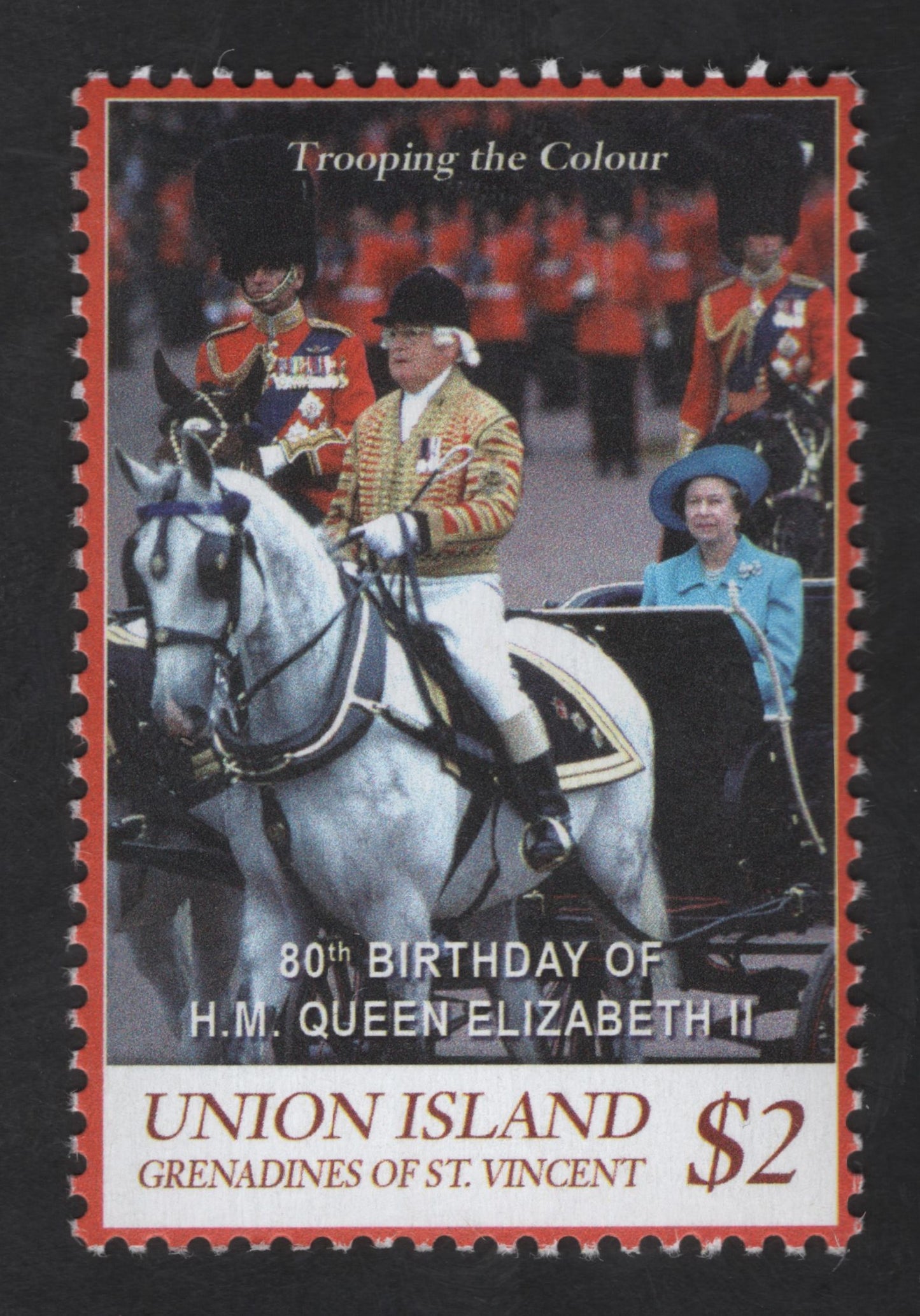 SCG13267 - Union Island $2 Stamp – 80th Birthday of Queen Elizabeth II (Trooping the Colour)
