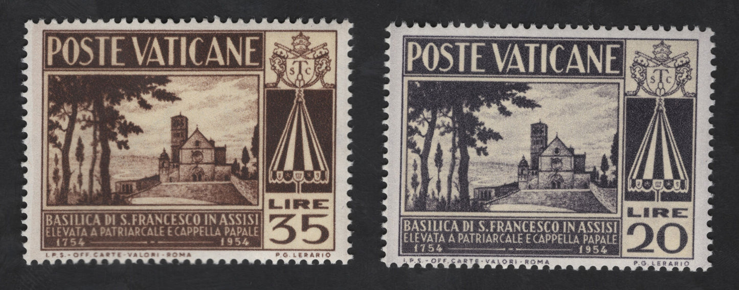 SCG13487 - Vatican City 1954 Basilica of St. Francis of Assisi Bicentenary Stamp Pair (20L & 35L)