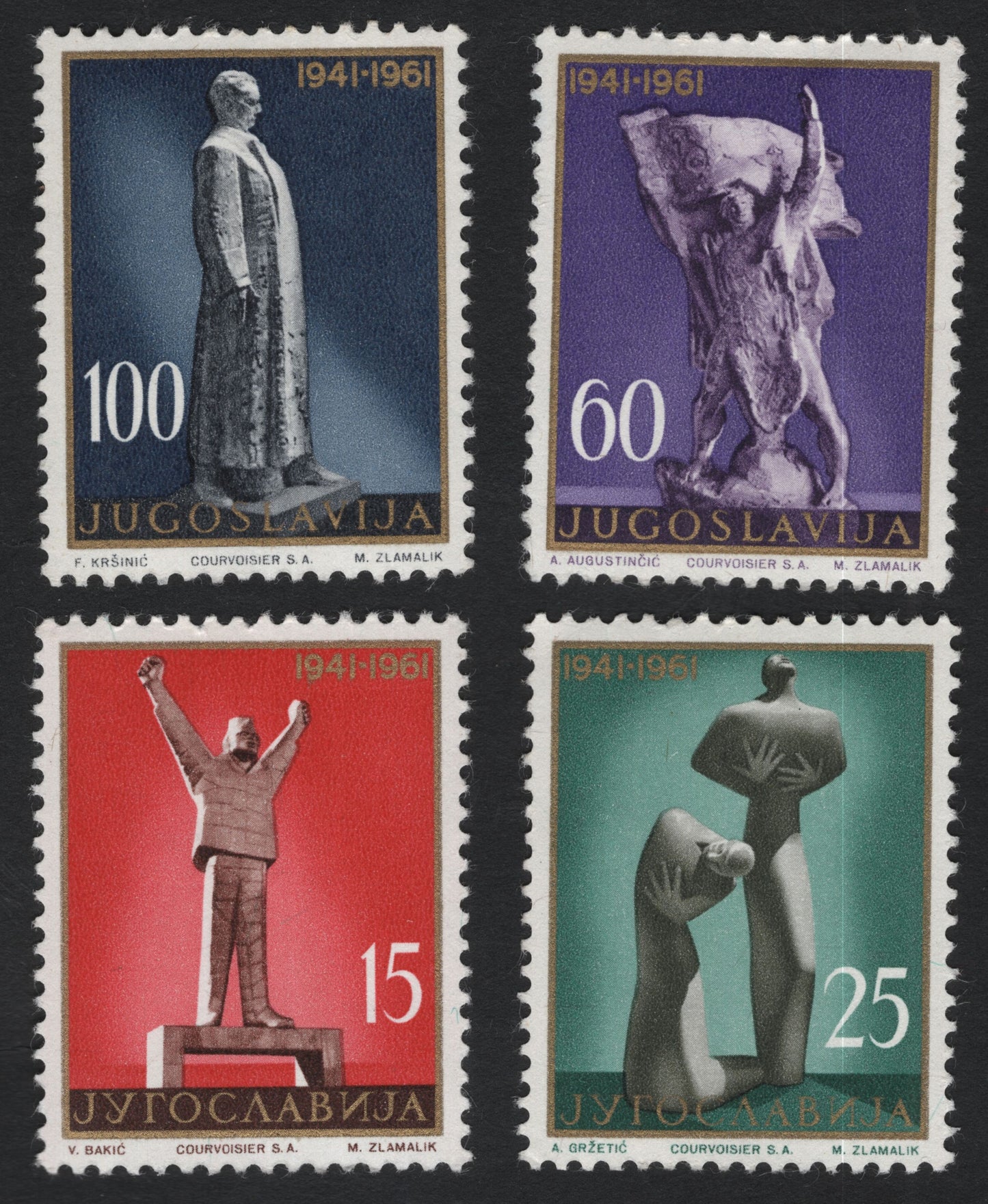 SCG10942 - Yugoslavia 1961 – WWII Resistance Monuments (1941–1961) Sculptures | Complete Set of 4