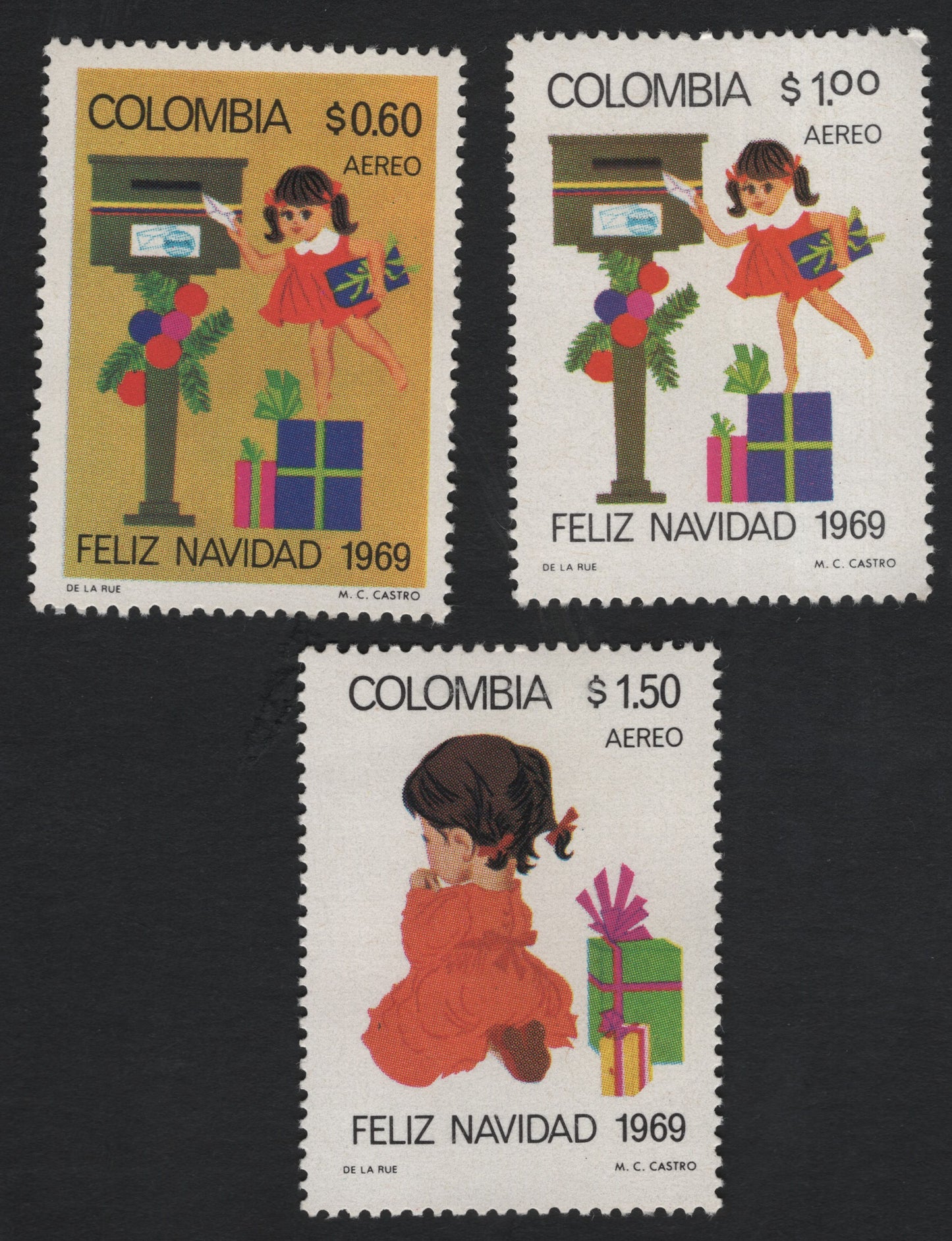 SCG10957 - Colombia 1969 Christmas “Feliz Navidad” Airmail Stamp Set – Children & Gifts (3 Values)