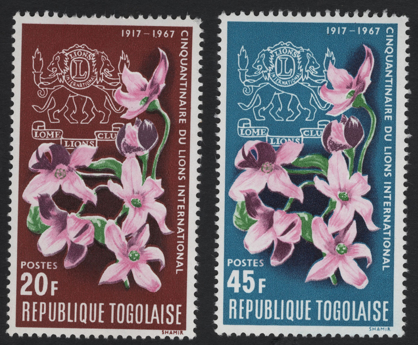 SCG10960 - Togo 1967 Lions International 50th Anniversary – Floral Commemoratives (20F & 45F Pair)