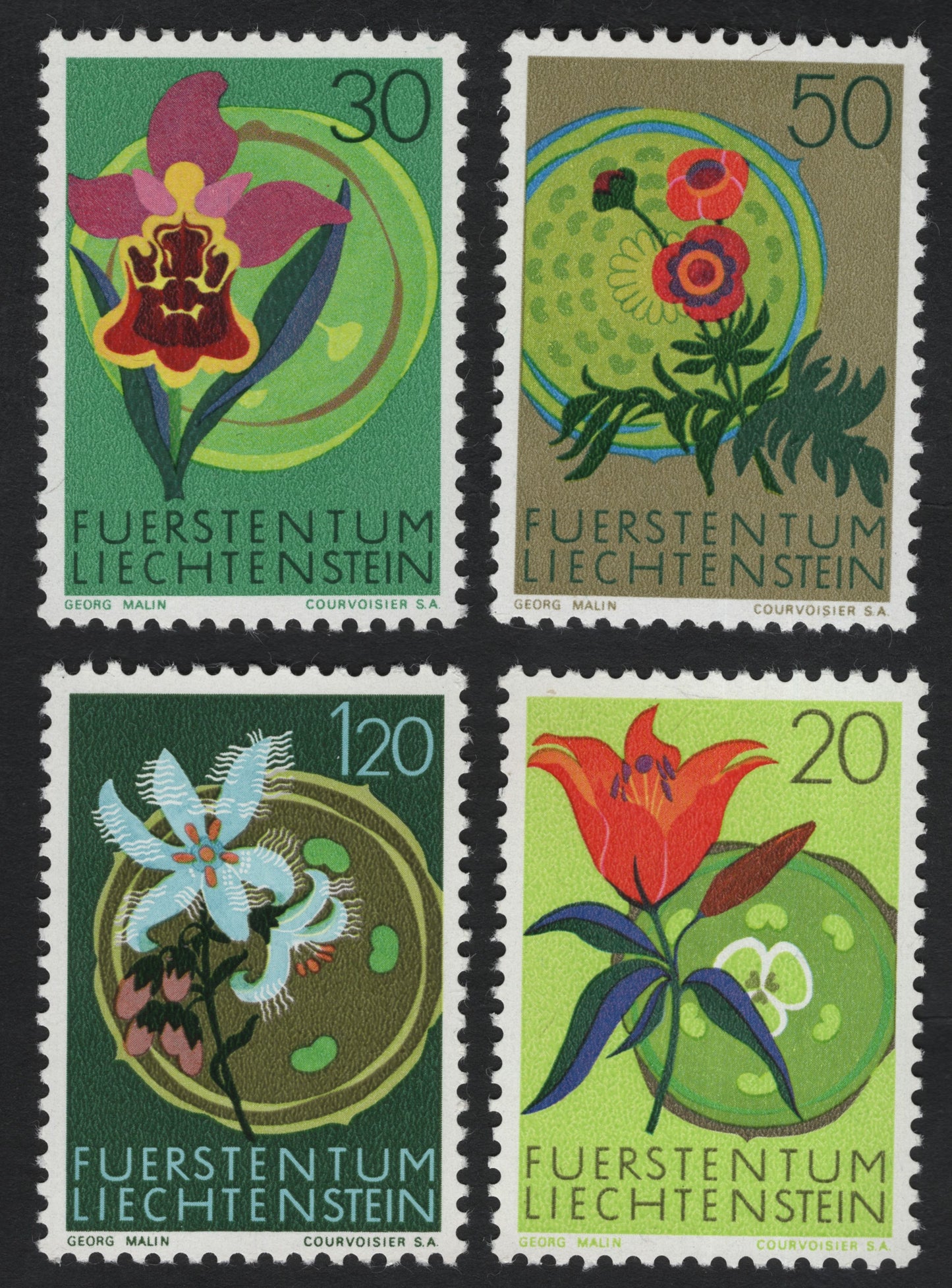 SCG10971 - Liechtenstein – Stylized Alpine Flowers Definitive Set (1960s)