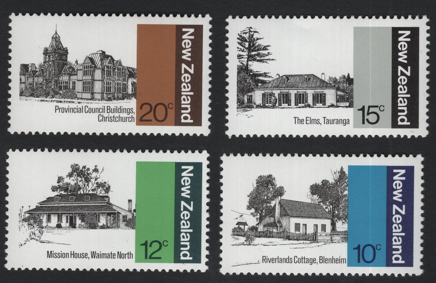 SCG10974 - New Zealand 1970 Historic Buildings – Set of 4 Commemorative Stamps