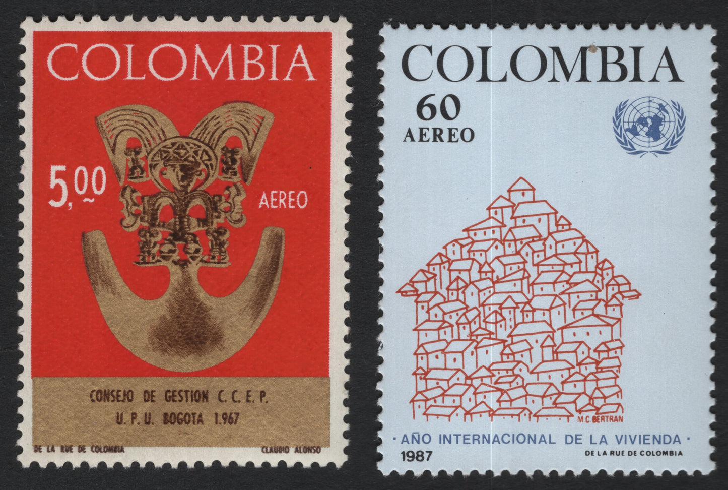SCG10854 - Colombia Airmail Pair – UPU Council 1967 & International Year of Shelter 1987
