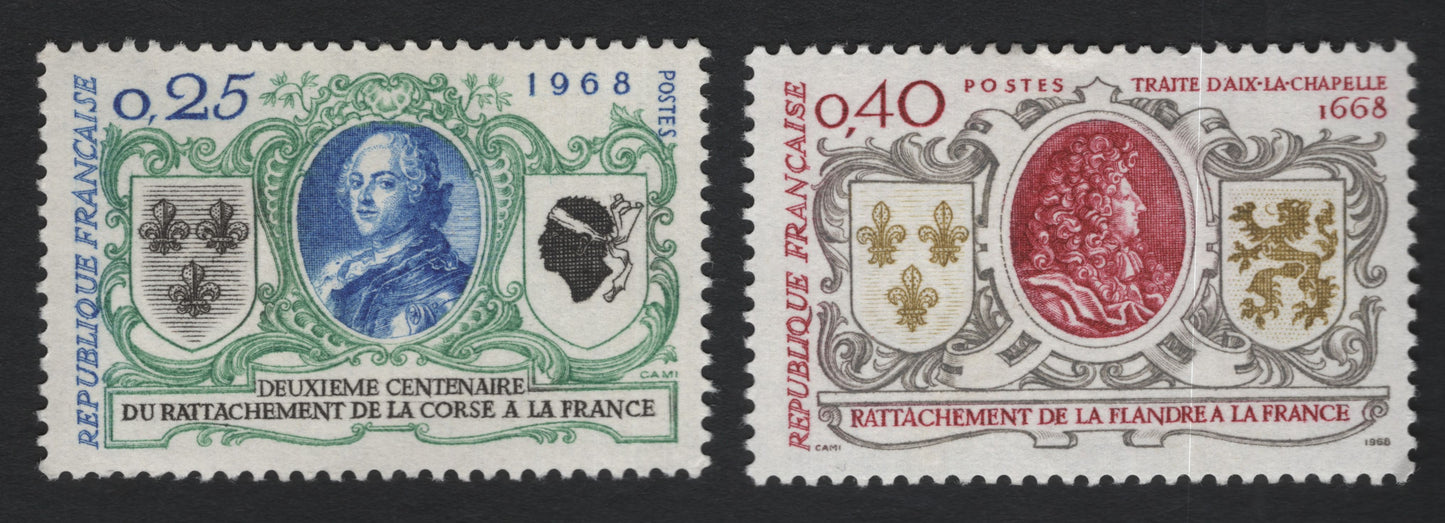 SCG10996 - France 1968 Historical Anniversaries Pair – Corsica & Flanders Reunification Stamps