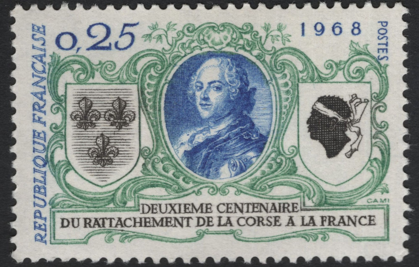 SCG10996 - France 1968 Historical Anniversaries Pair – Corsica & Flanders Reunification Stamps