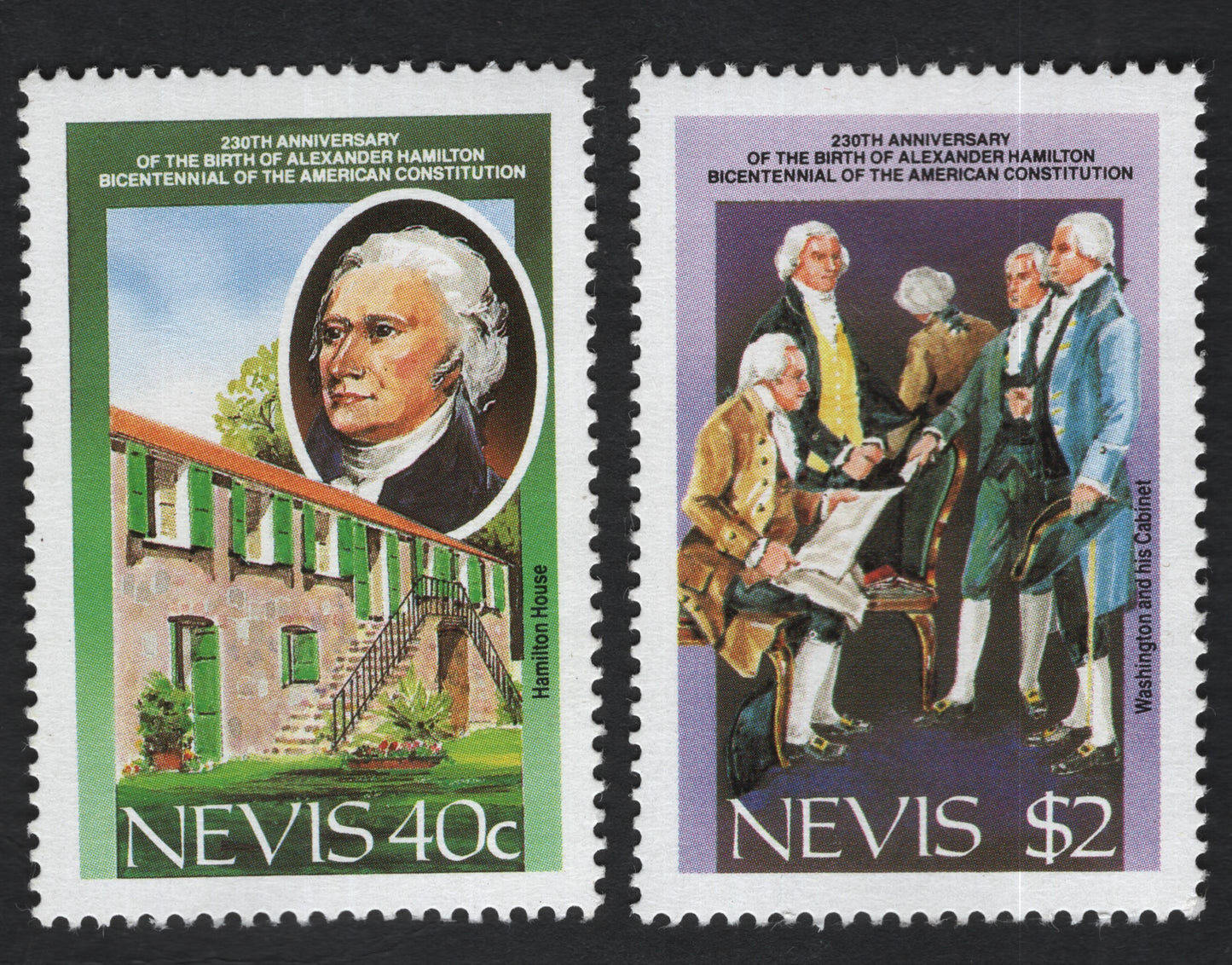 SCG10992 - Nevis – 230th Anniversary of Alexander Hamilton & U.S. Constitution Bicentennial (1987) – Stamp Pair