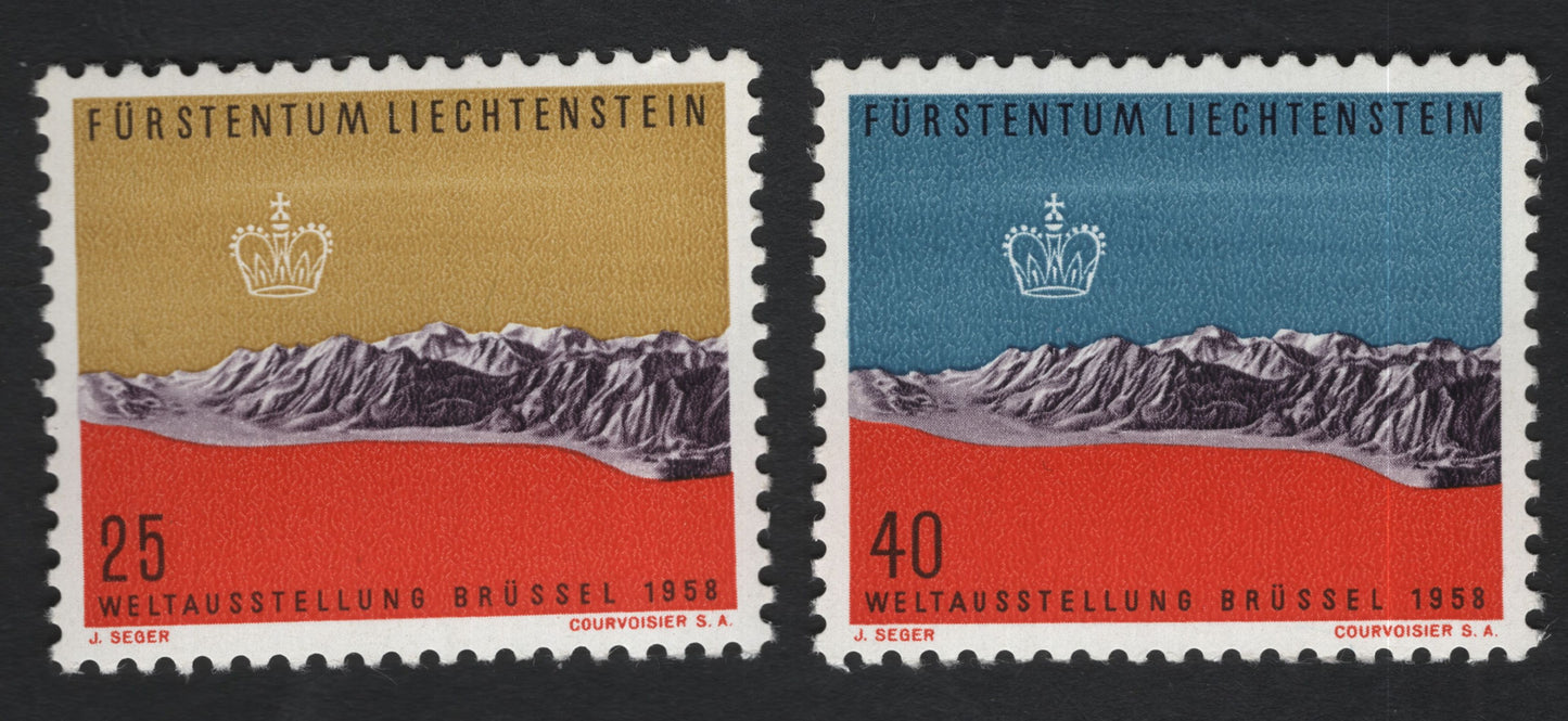 SCG11056 - Liechtenstein 1958 Brussels World Exhibition – Mountain Landscape Pair (25 & 40 Rp)