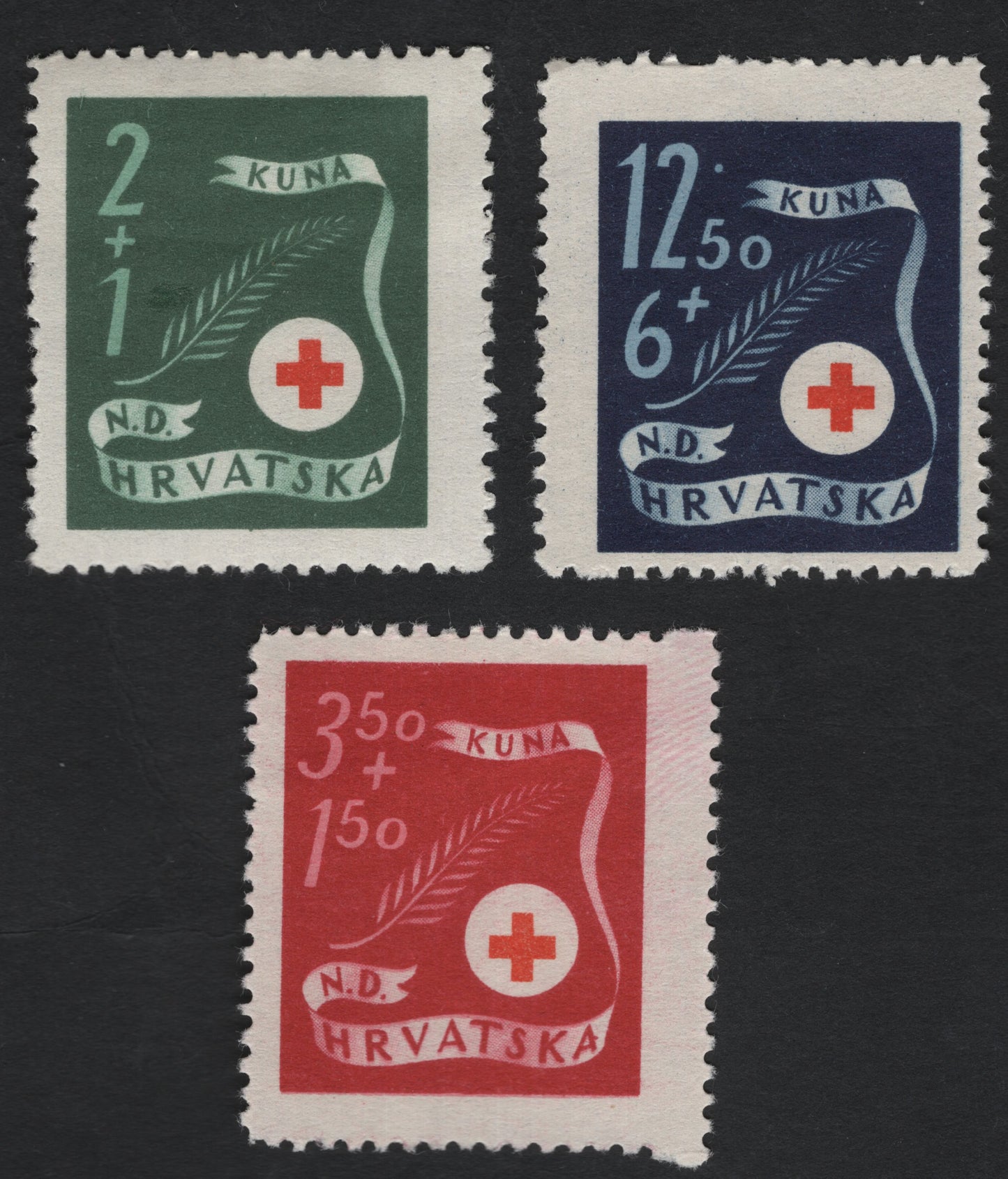 SCG11069 - Croatia (N.D. Hrvatska) WWII Red Cross Semi-Postal Stamps – Kuna Surcharged Trio