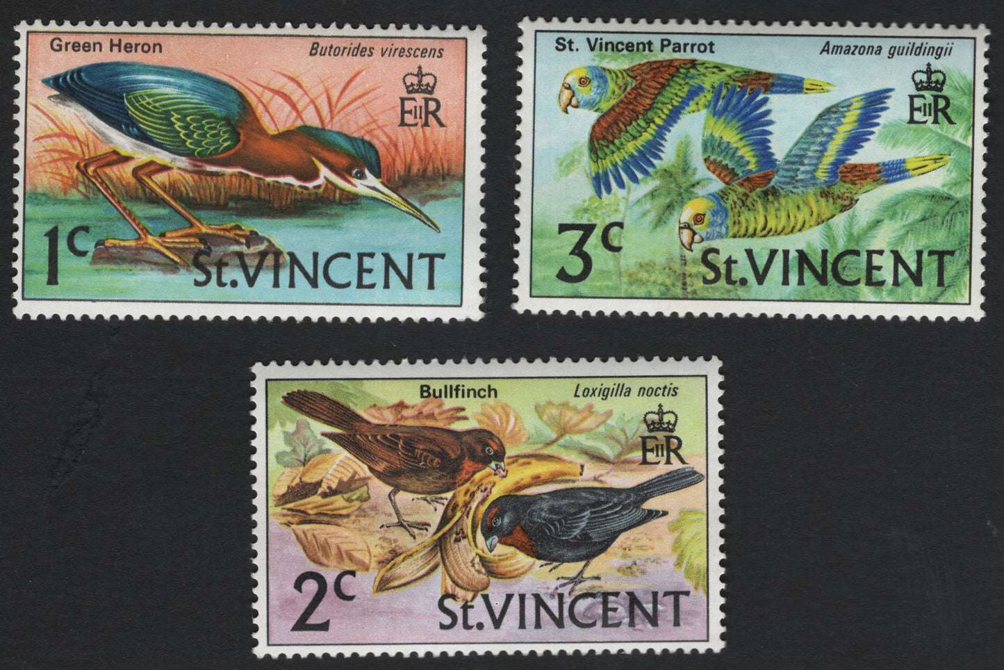 SCG11089 - St. Vincent – Native & Exotic Birds Pictorials (Green Heron, St. Vincent Parrot, Bullfinch)