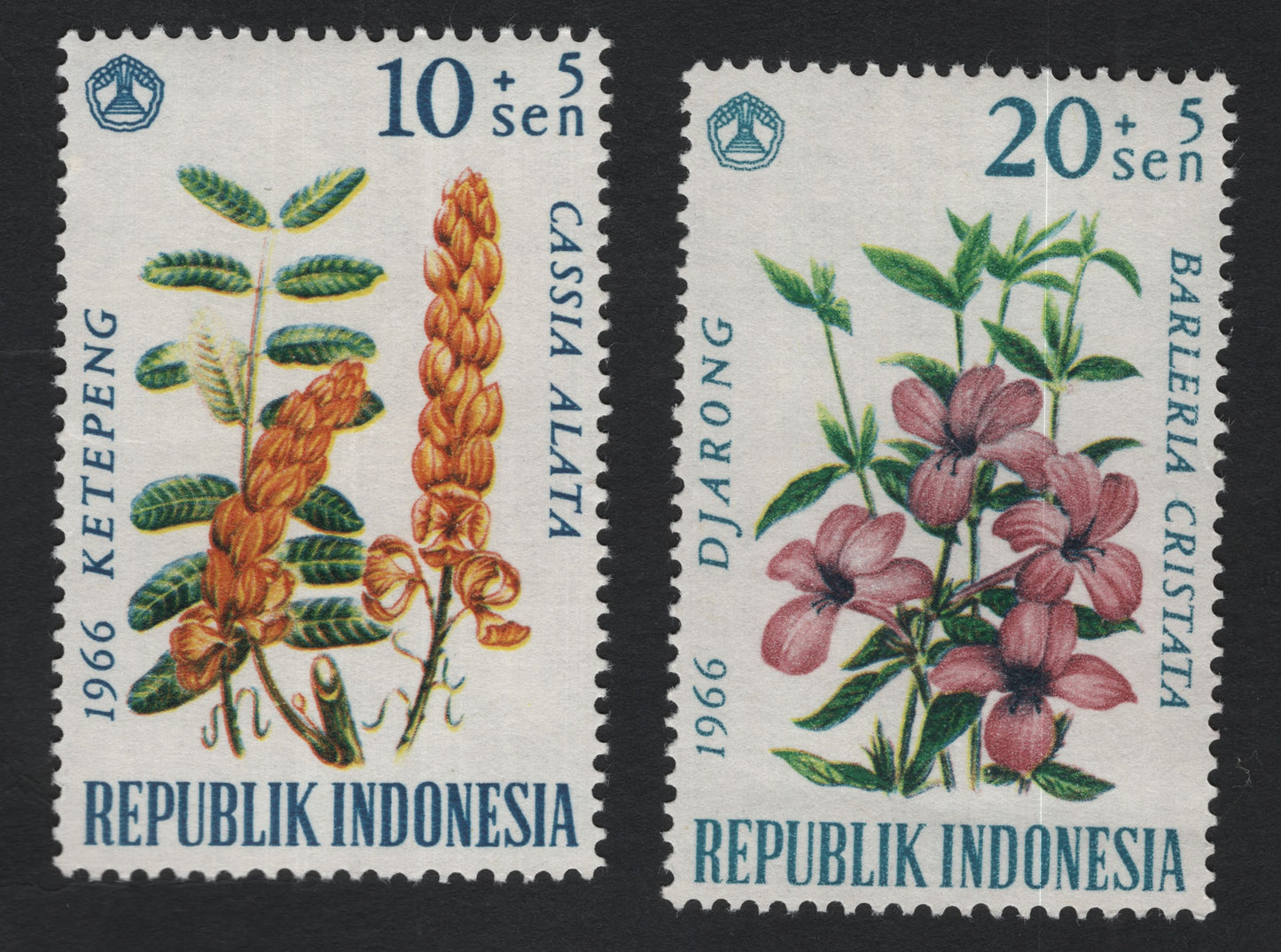 SCG10934 - Indonesia 1966 Medicinal Plants – Cassia alata & Barleria cristata (Semi-Postal Pair)