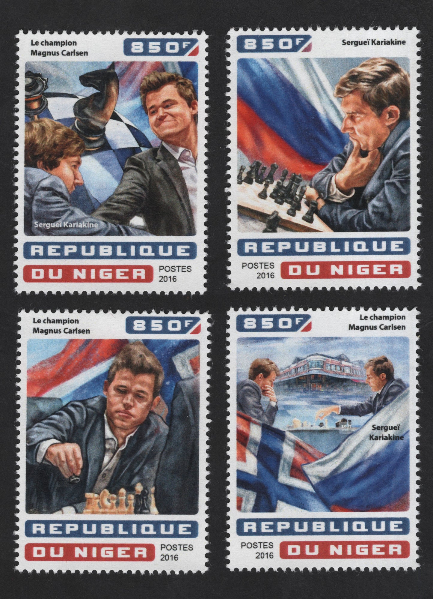 SCG13625 - Niger 2016 – Magnus Carlsen vs. Sergei Karjakin Chess Champions (850F Stamp Set)