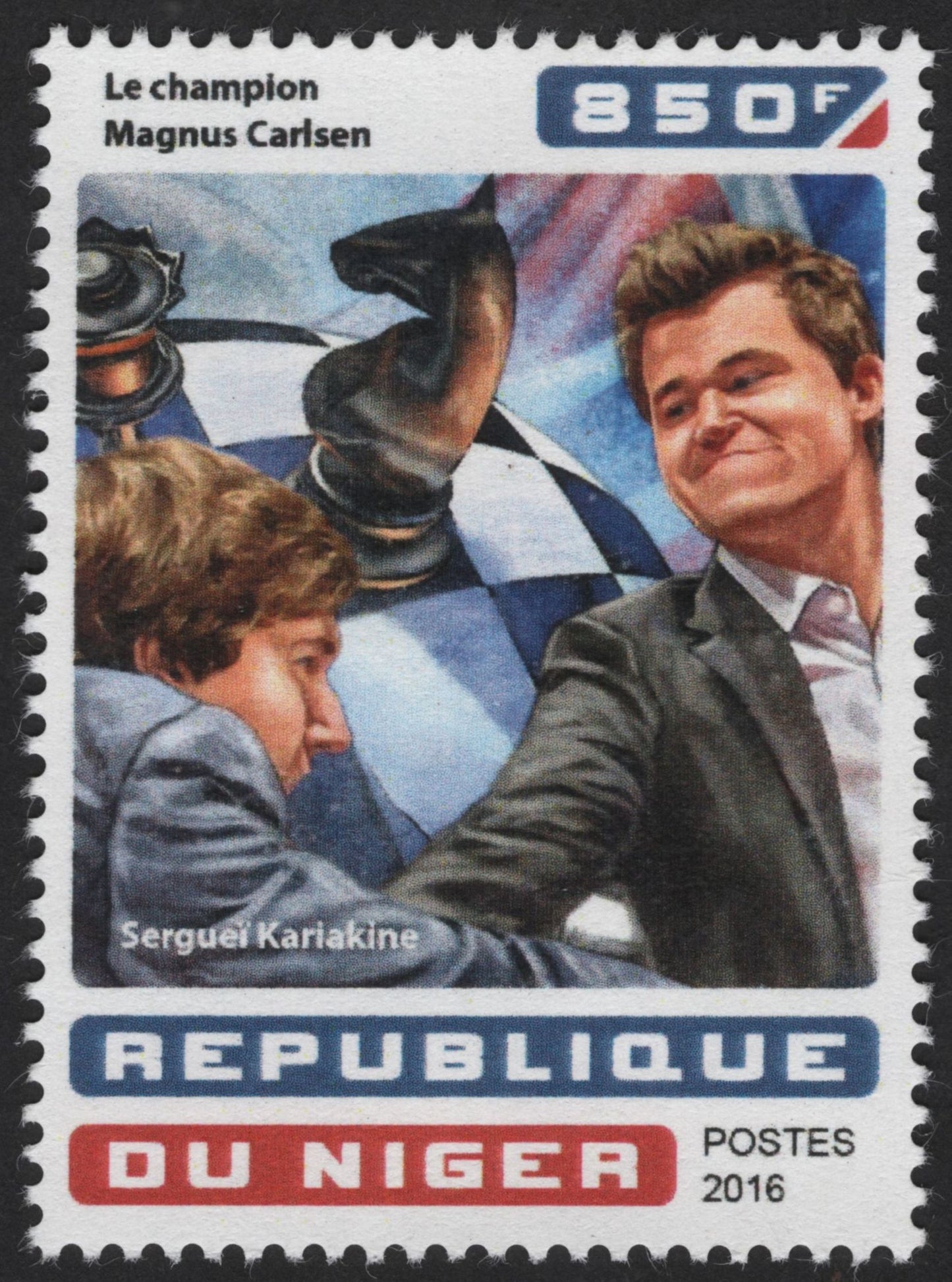 SCG13625 - Niger 2016 – Magnus Carlsen vs. Sergei Karjakin Chess Champions (850F Stamp Set)