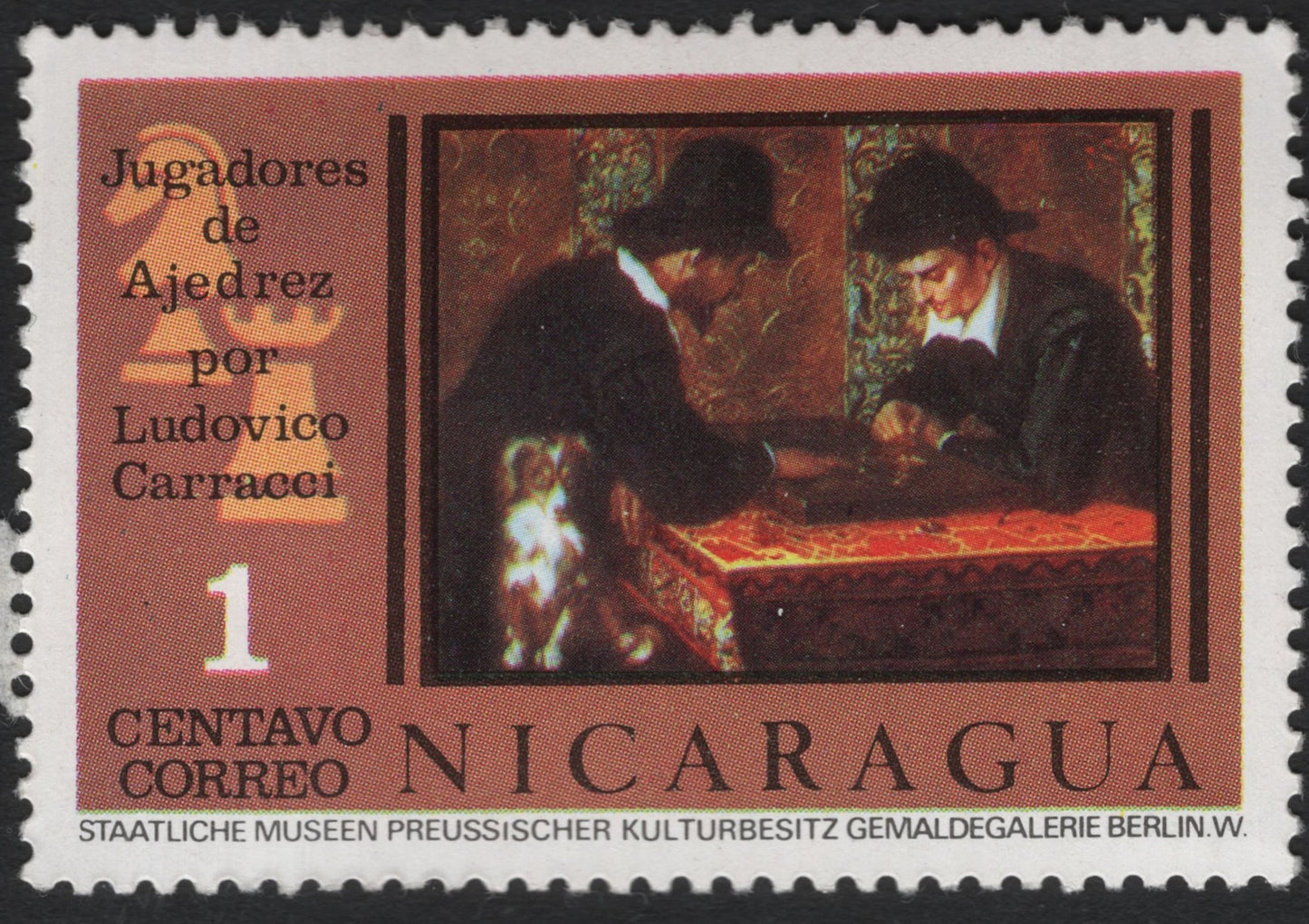 SCG11039 - Nicaragua 1 Centavo Art Stamp – “Chess Players” by Ludovico Carracci