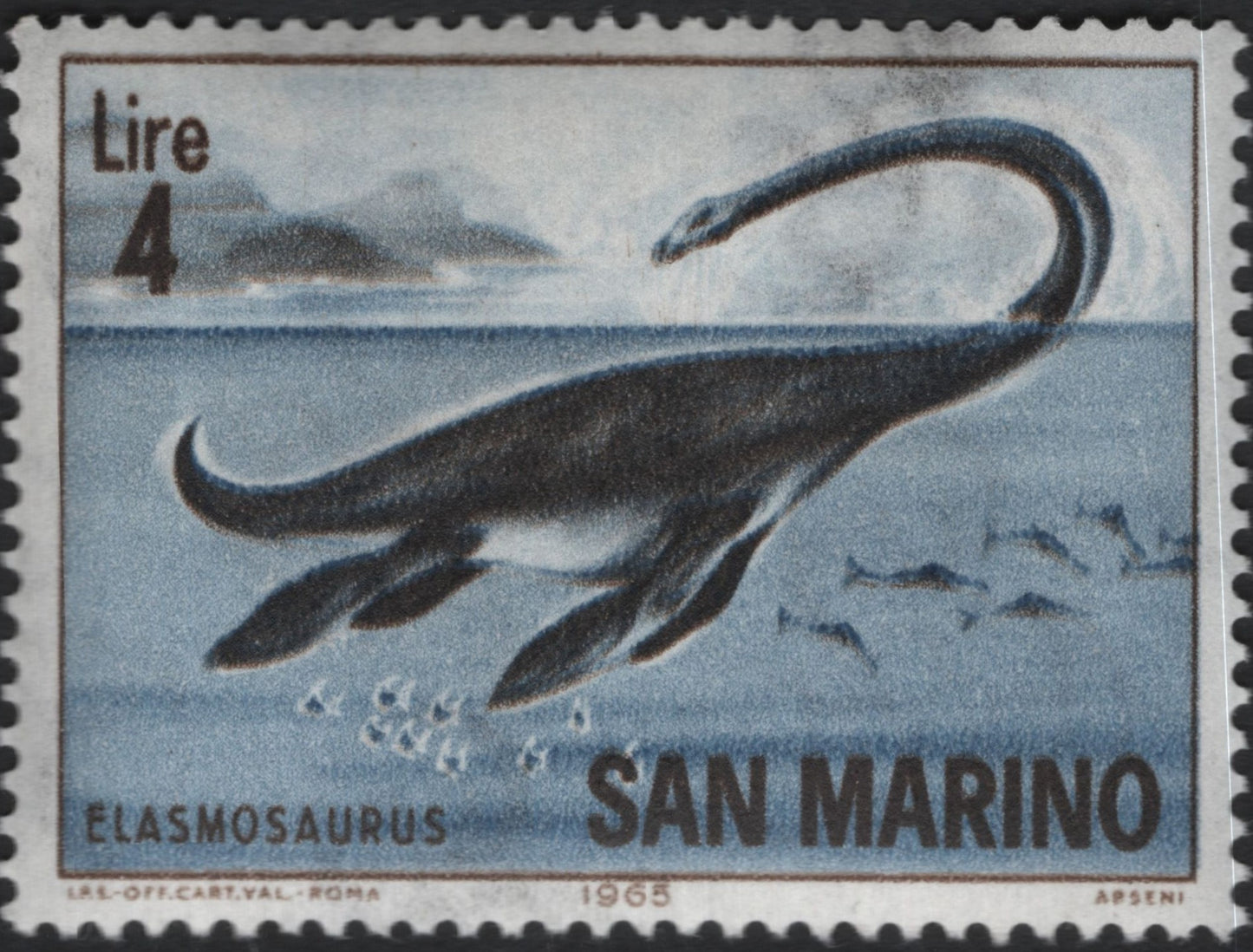 SCG11031 - San Marino 1965 – Elasmosauraus (Prehistoric Marine Reptile) – 4 Lire Stamp