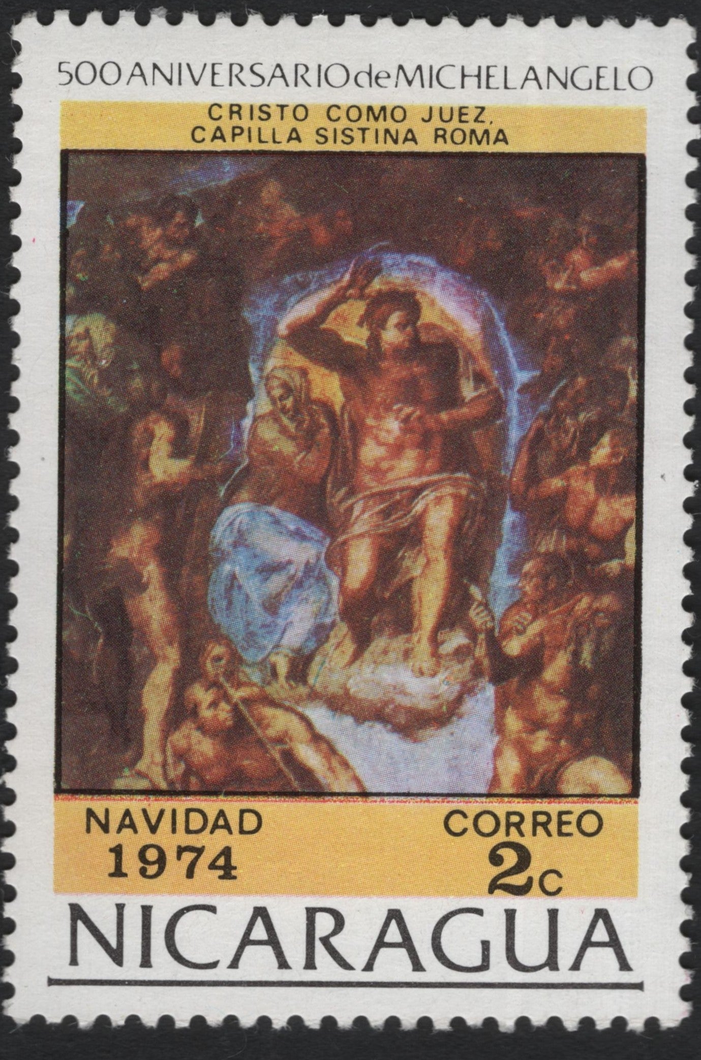SCG11012 - Nicaragua 1974 – Christmas Issue | 500th Anniversary of Michelangelo – Christ as Judge, Sistine Chapel (2c)