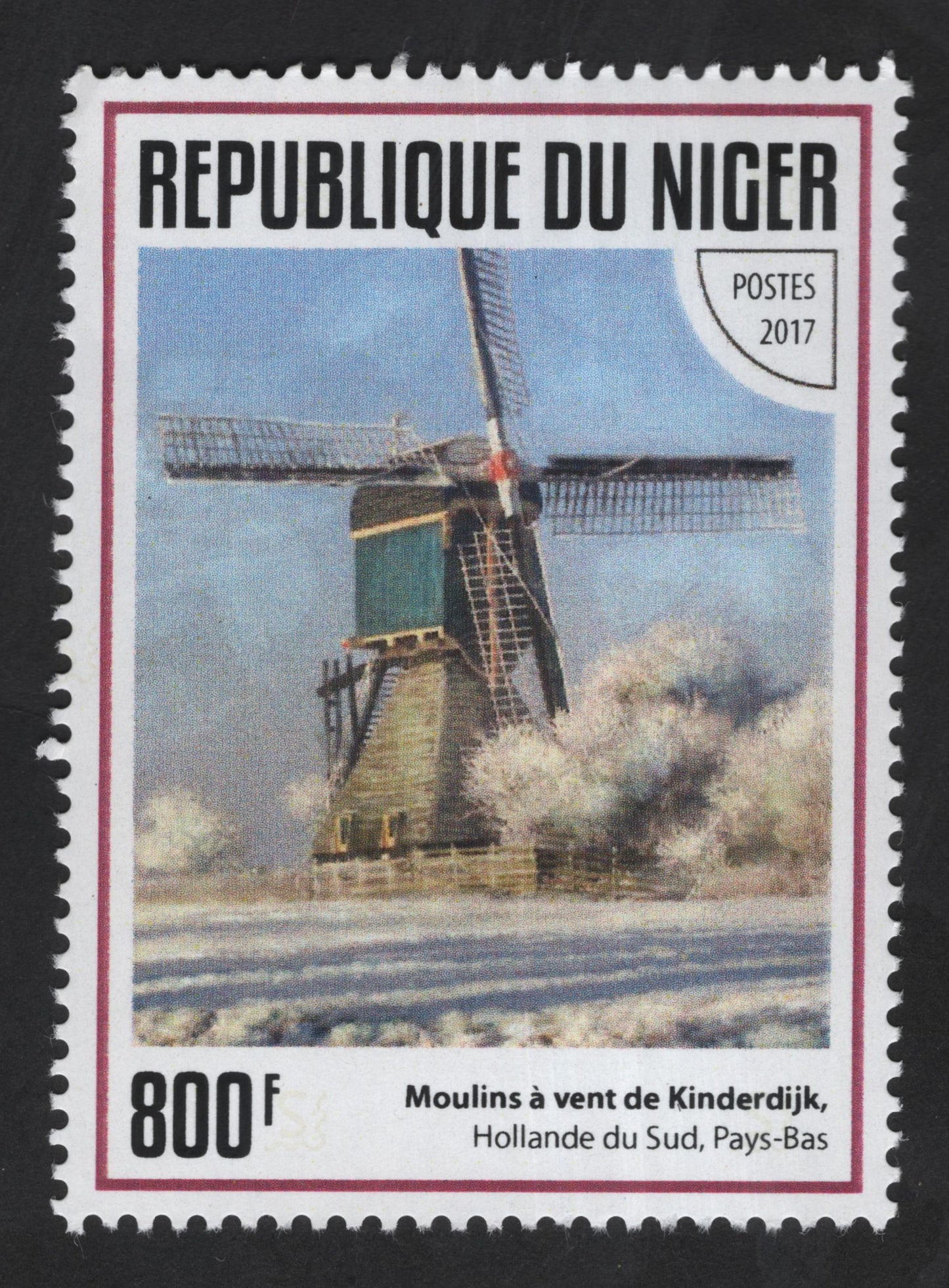 SCG13359 - Kinderdijk Windmills UNESCO Heritage Stamp – 800F (Niger, 2017)