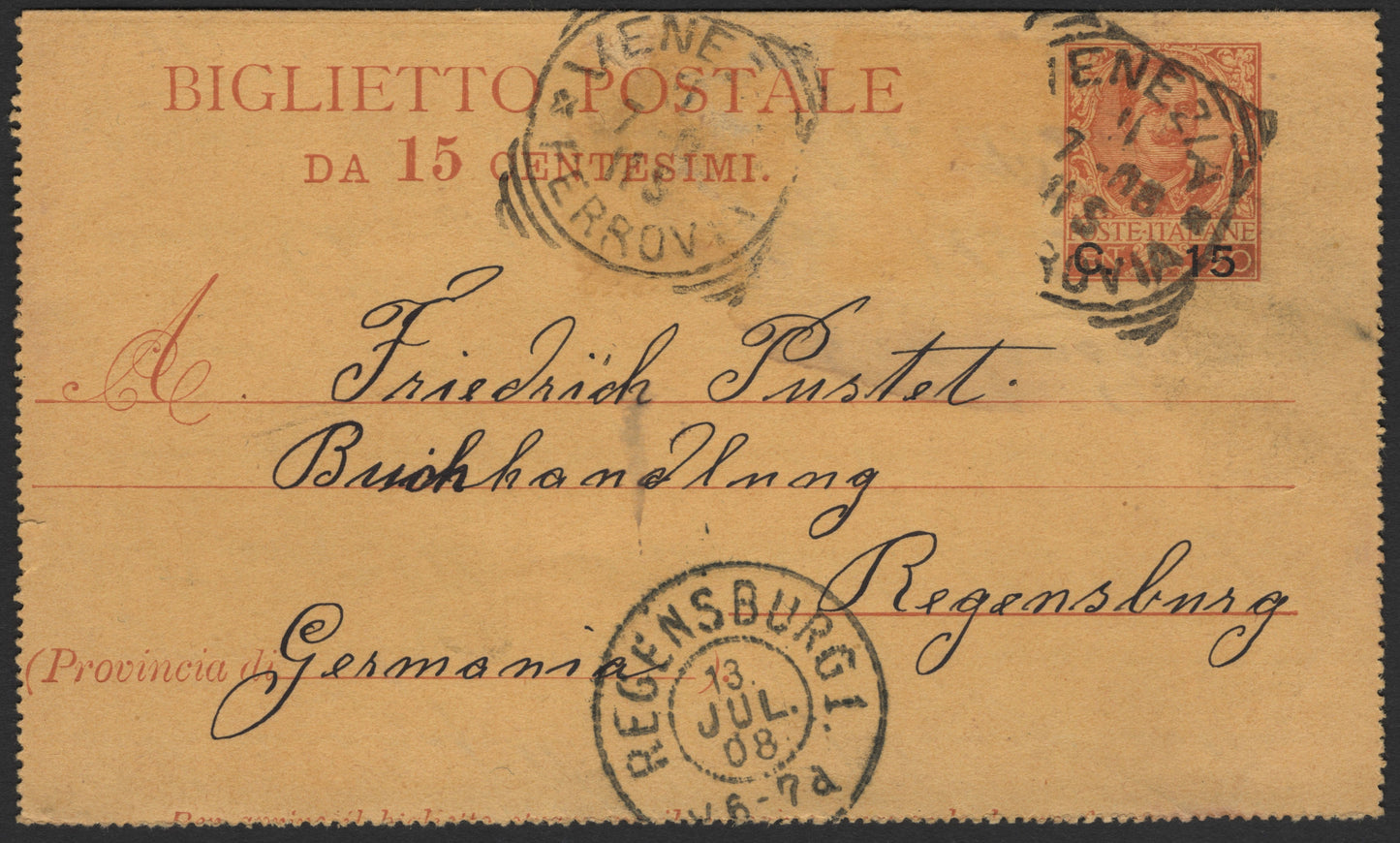 SCG2212 - Italy 1888 15c Postal Card to Germany – Venezia to Regensburg