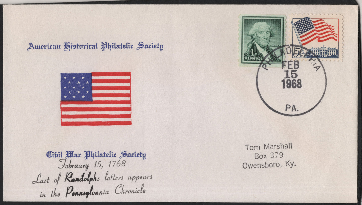 SCG9566 - USA 1968 American Historical Philatelic Society Cover – Washington & Flag Stamps, Philadelphia Cancel