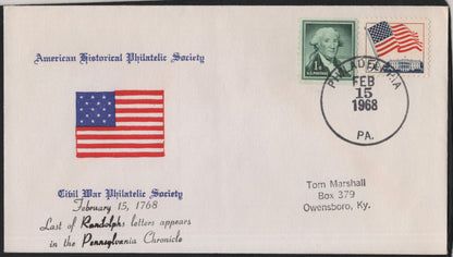 SCG9566 - USA 1968 American Historical Philatelic Society Cover – Washington & Flag Stamps, Philadelphia Cancel