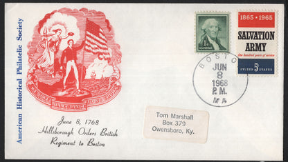 SCG9567 - USA 1968 Historical Event Commemorative Cover – Hillsborough Orders British Regiment to Boston (1768), Salvation Army Centenary Stamp