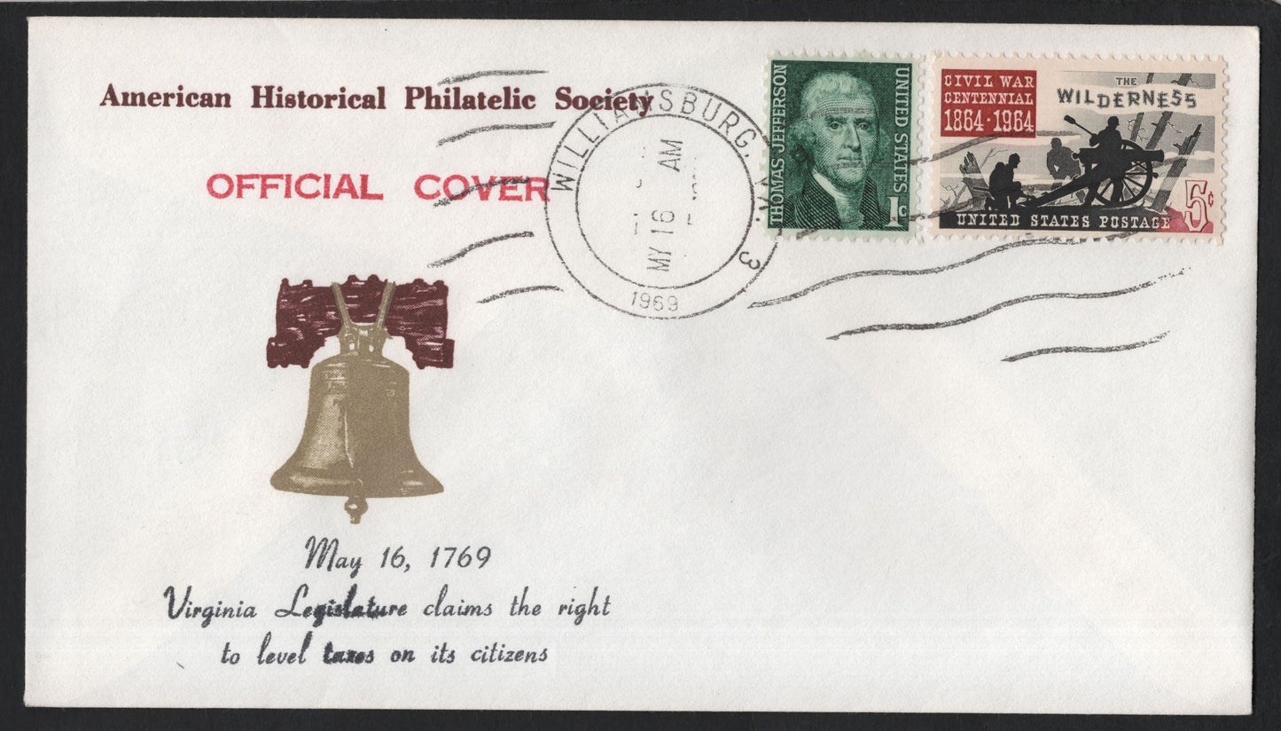 SCG9554 - USA 1959 American Historical Philatelic Society Official Cover – Williamsburg Cancel, Jefferson & Civil War Centennial Stamps