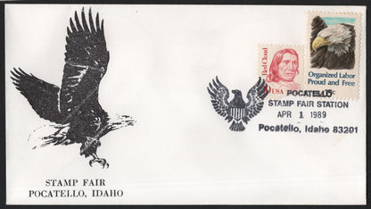 SCG9557 - USA 1989 Pocatello Stamp Fair Station Event Cover – Bald Eagle Cachet & Red Cloud / Labor Stamps