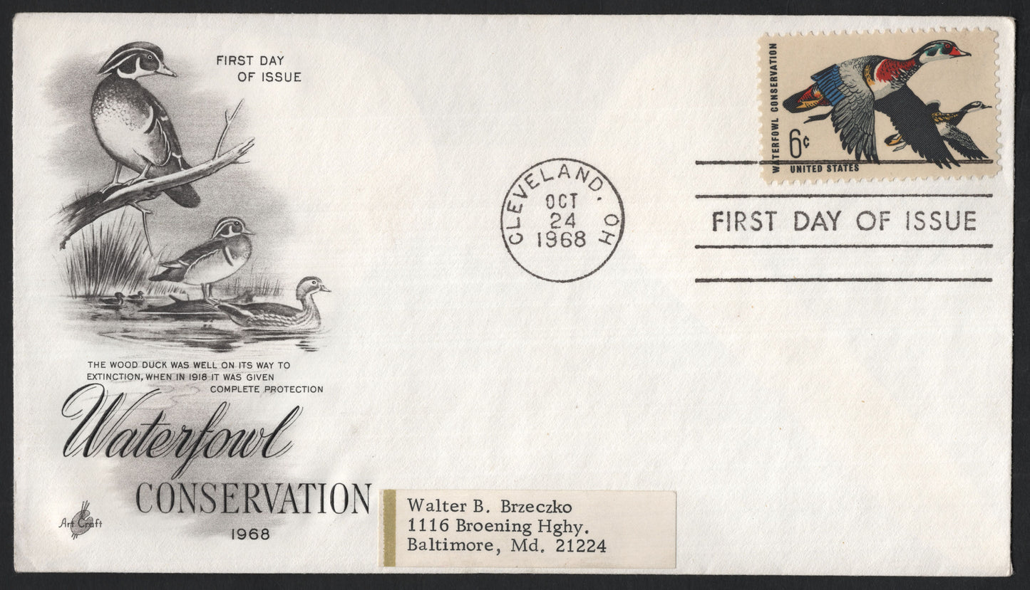 SCG9558 - USA 1968 Waterfowl Conservation – Wood Duck 6¢ FDC (Cleveland First Day Cancel)
