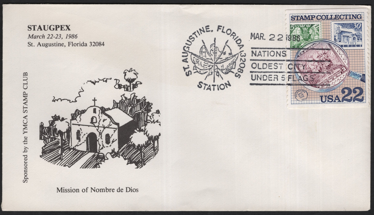 SCG9559 - USA 1986 STAUGPEX Mission of Nombre de Dios – Stamp Collecting 22¢ Festival Station FDC