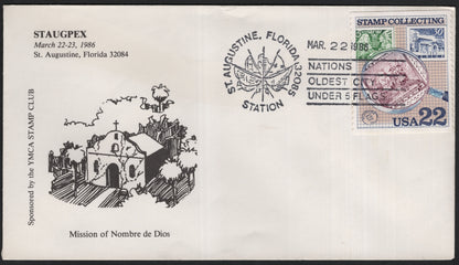 SCG9559 - USA 1986 STAUGPEX Mission of Nombre de Dios – Stamp Collecting 22¢ Festival Station FDC