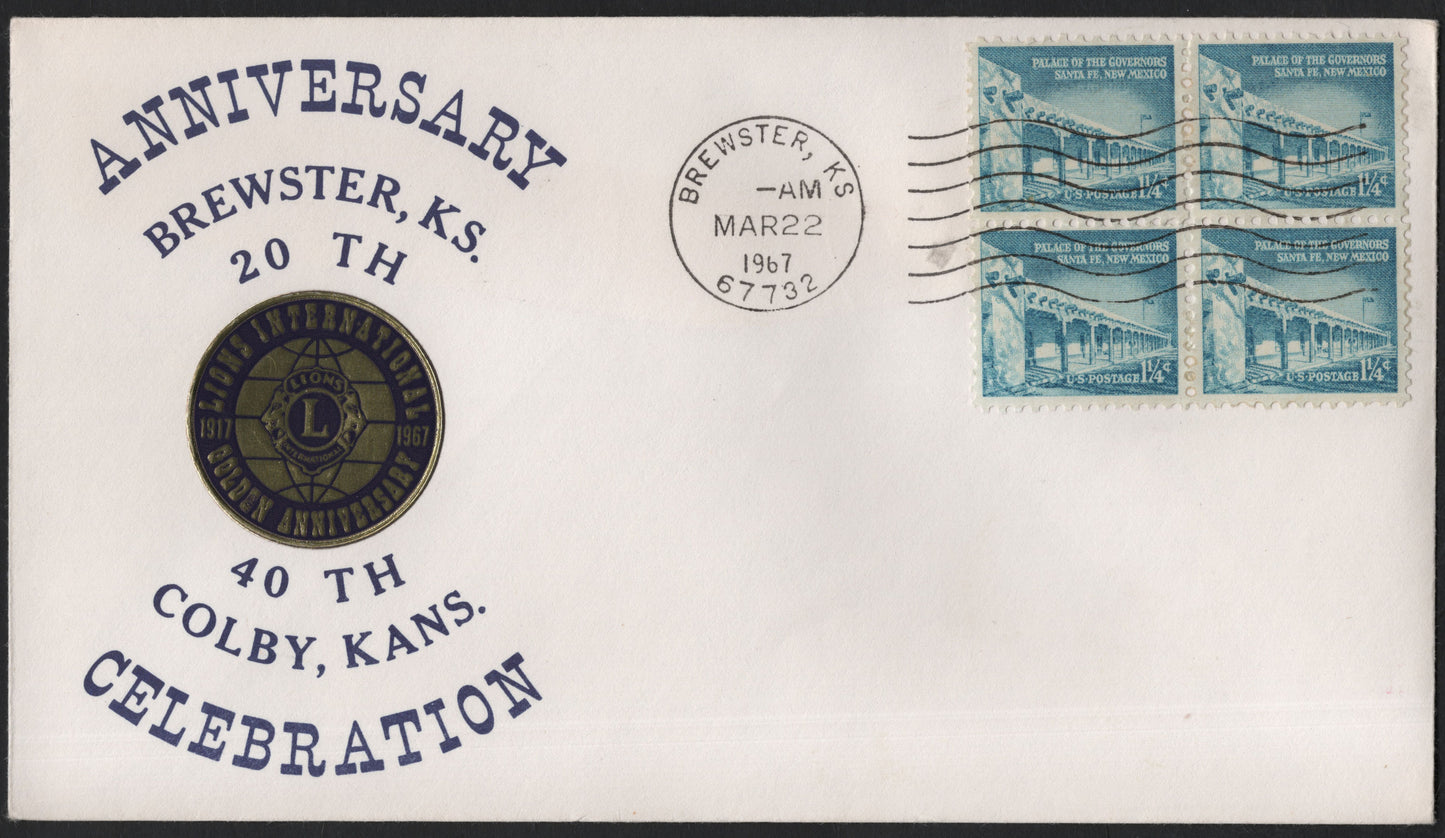 SCG9560 - 1967 USA Lions International Anniversary Cover – Brewster KS Cancel with 1¼¢ Palace of the Governors Block of Four