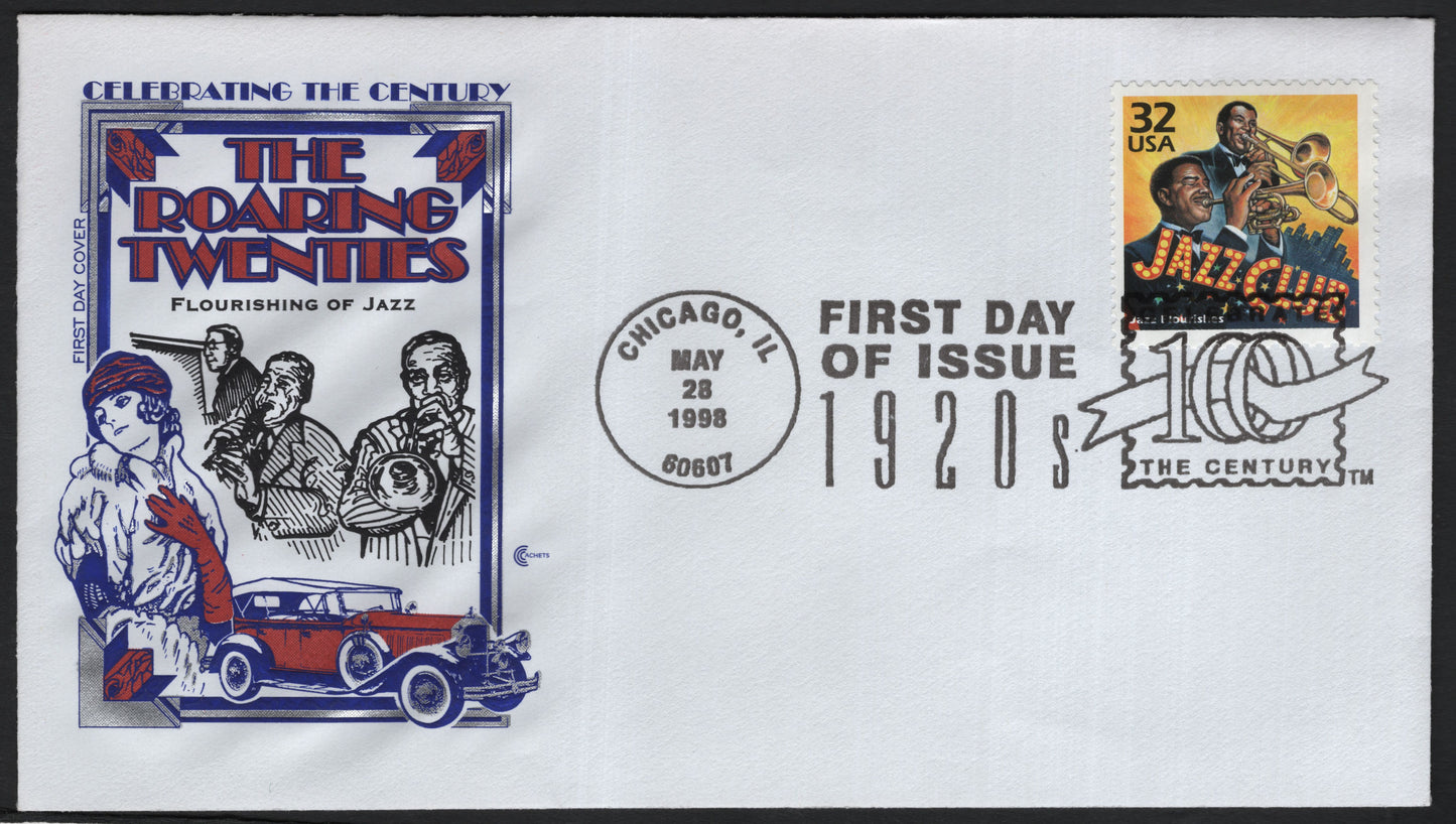 SCG9553 - USA 1998 – Celebrating the Century: The Roaring Twenties “Flourishing of Jazz” – First Day Cover (Chicago FDI, Jazz Club Stamp)