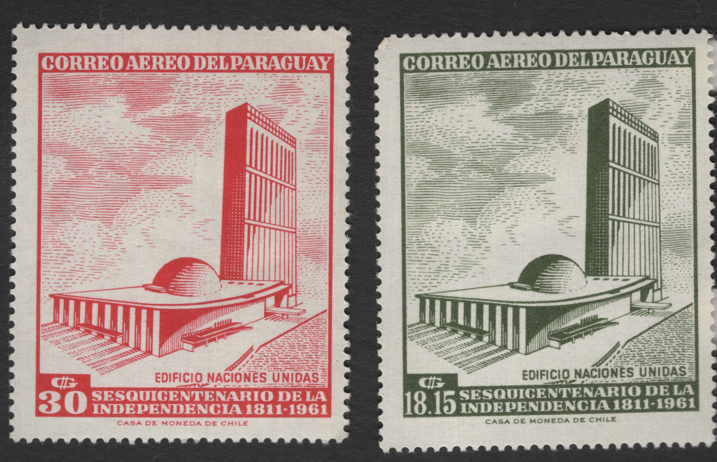 SCG11945 - Paraguay 1961 Independence Sesquicentennial Airmail – United Nations Building (Stamp Pair)