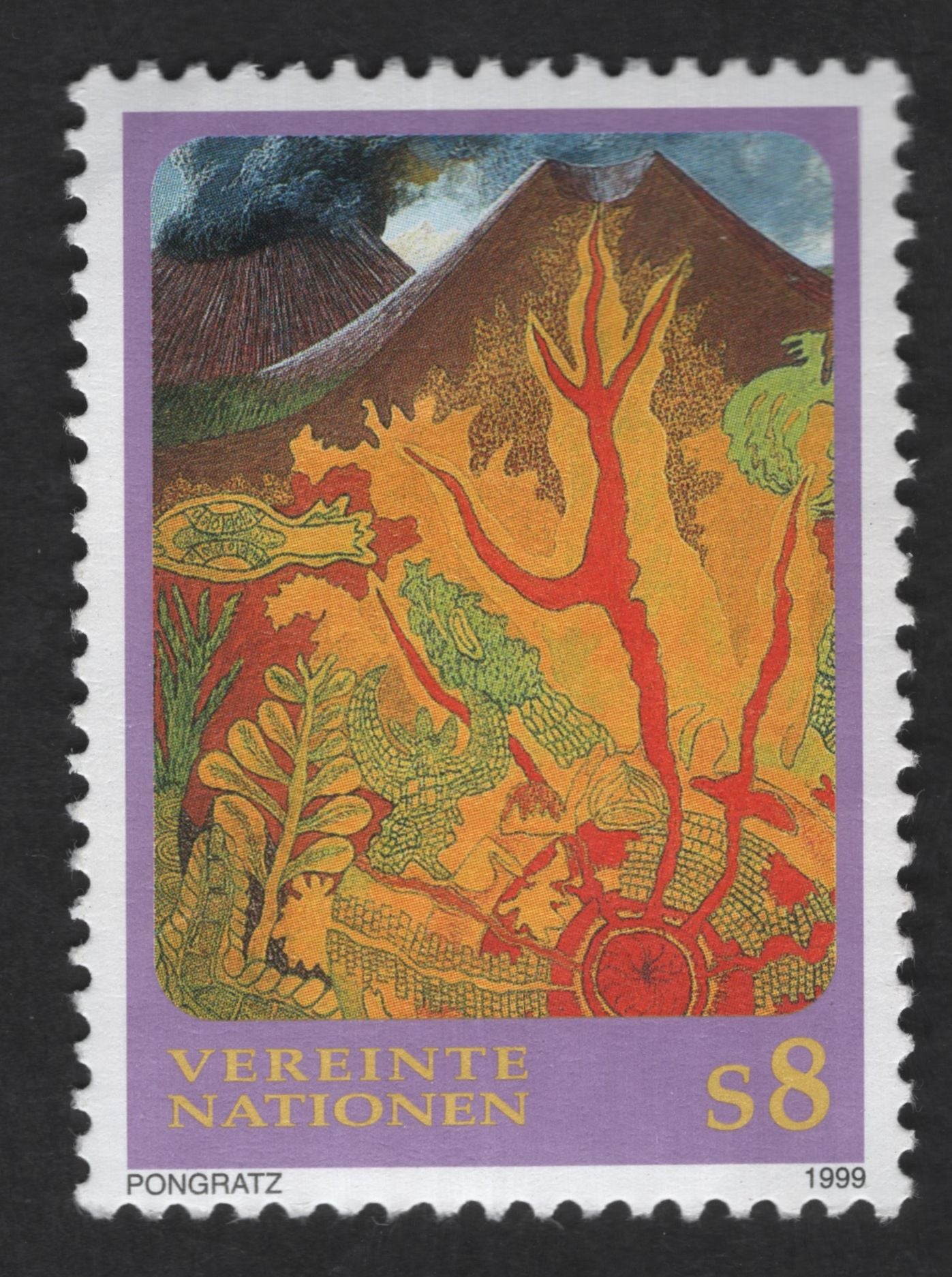 SCG12573 - United Nations Vienna 1999 – Natural Forces / Volcanic Eruption Art Stamp (S8)