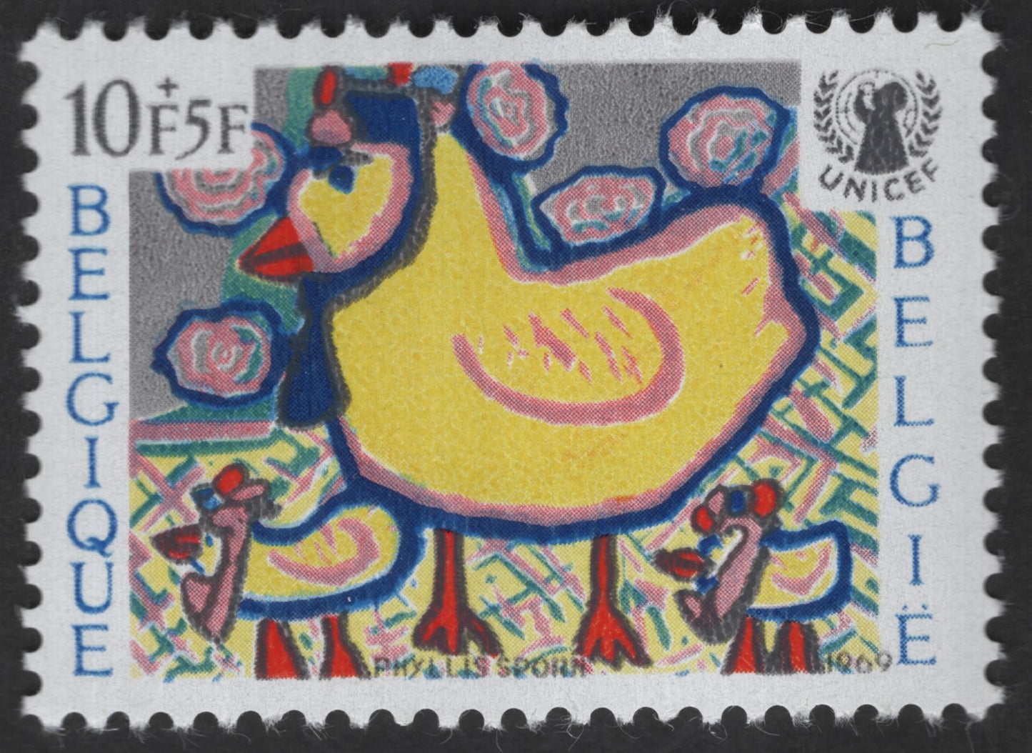 SCG12543 - Belgium UNICEF Child Art – Hen and Chicks Semi-Postal Stamp (10F + 5F)