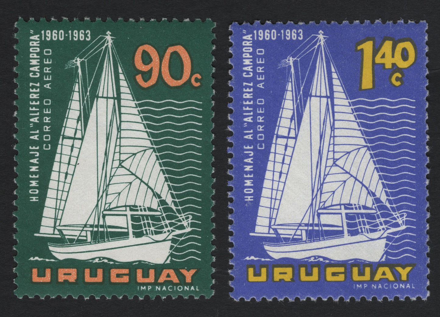 SCG10826 - Uruguay 1963 “Homenaje al Alférez Cámpora” Airmail Sailing Vessel Stamps (90c & 1.40c) – Duo