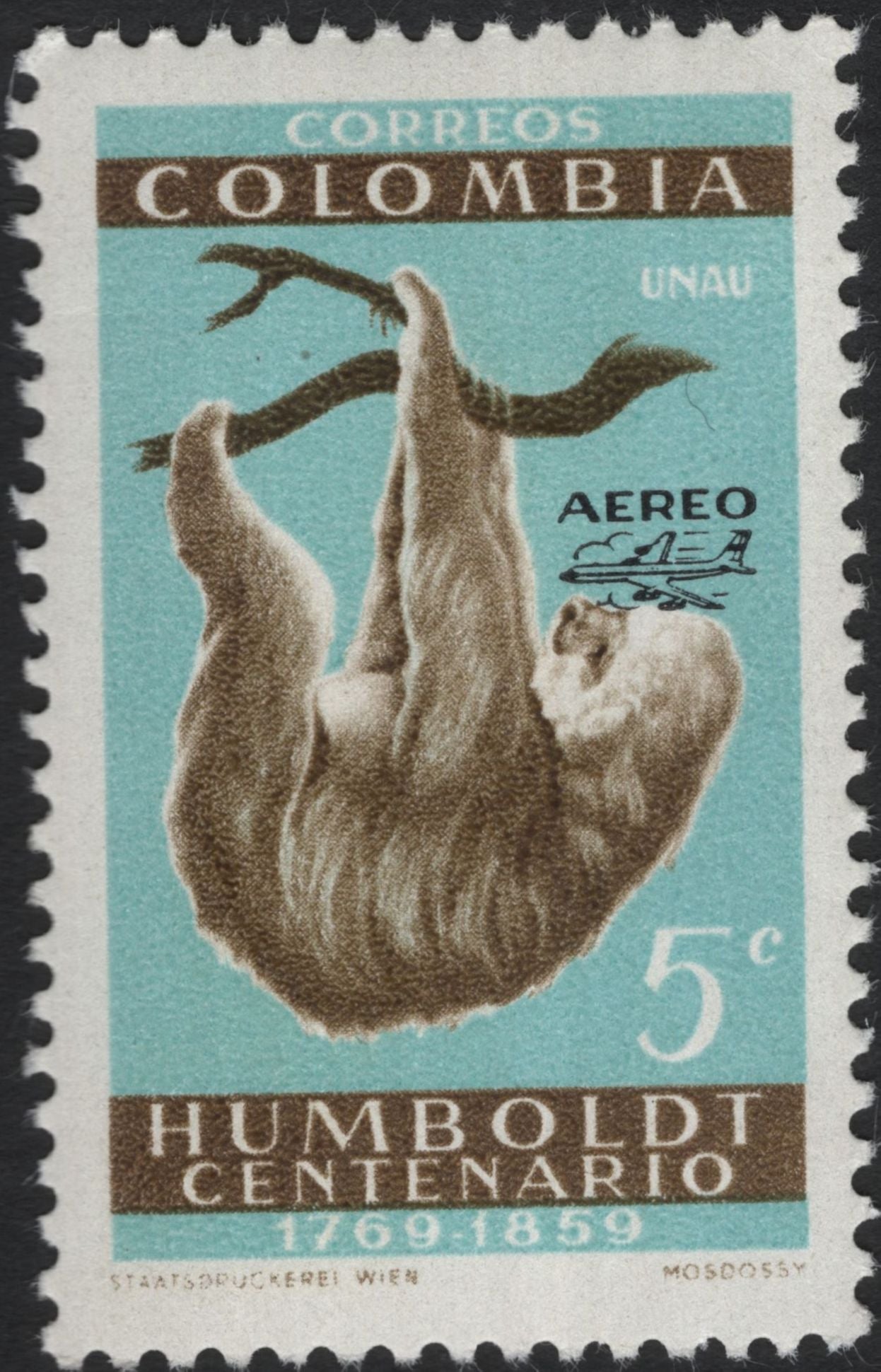 SCG10830 - Colombia 1963 Humboldt Centenario Airmail – Sloth & Spider Monkey Pair