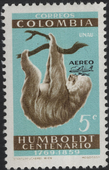 SCG10830 - Colombia 1963 Humboldt Centenario Airmail – Sloth & Spider Monkey Pair