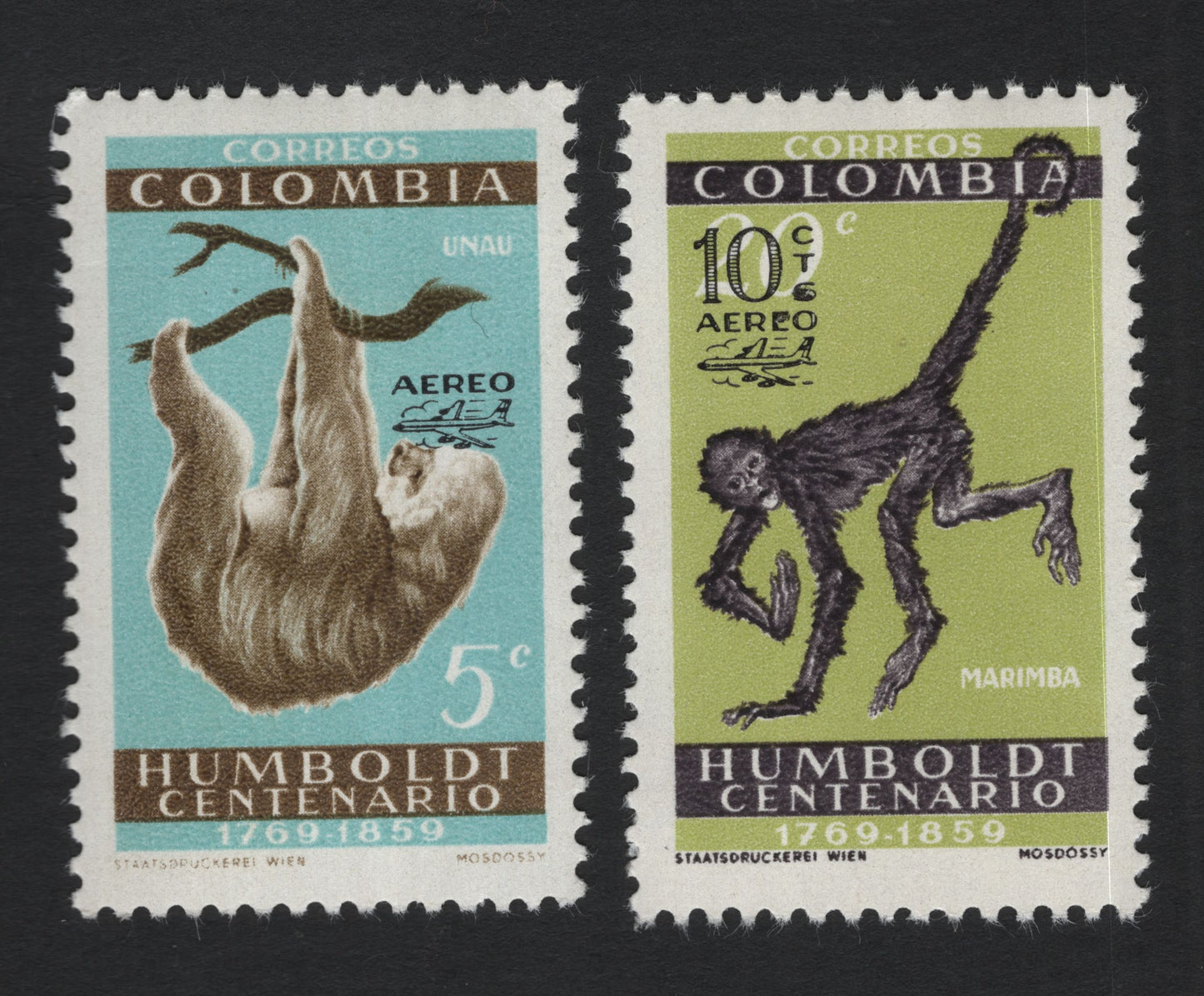 SCG10830 - Colombia 1963 Humboldt Centenario Airmail – Sloth & Spider Monkey Pair
